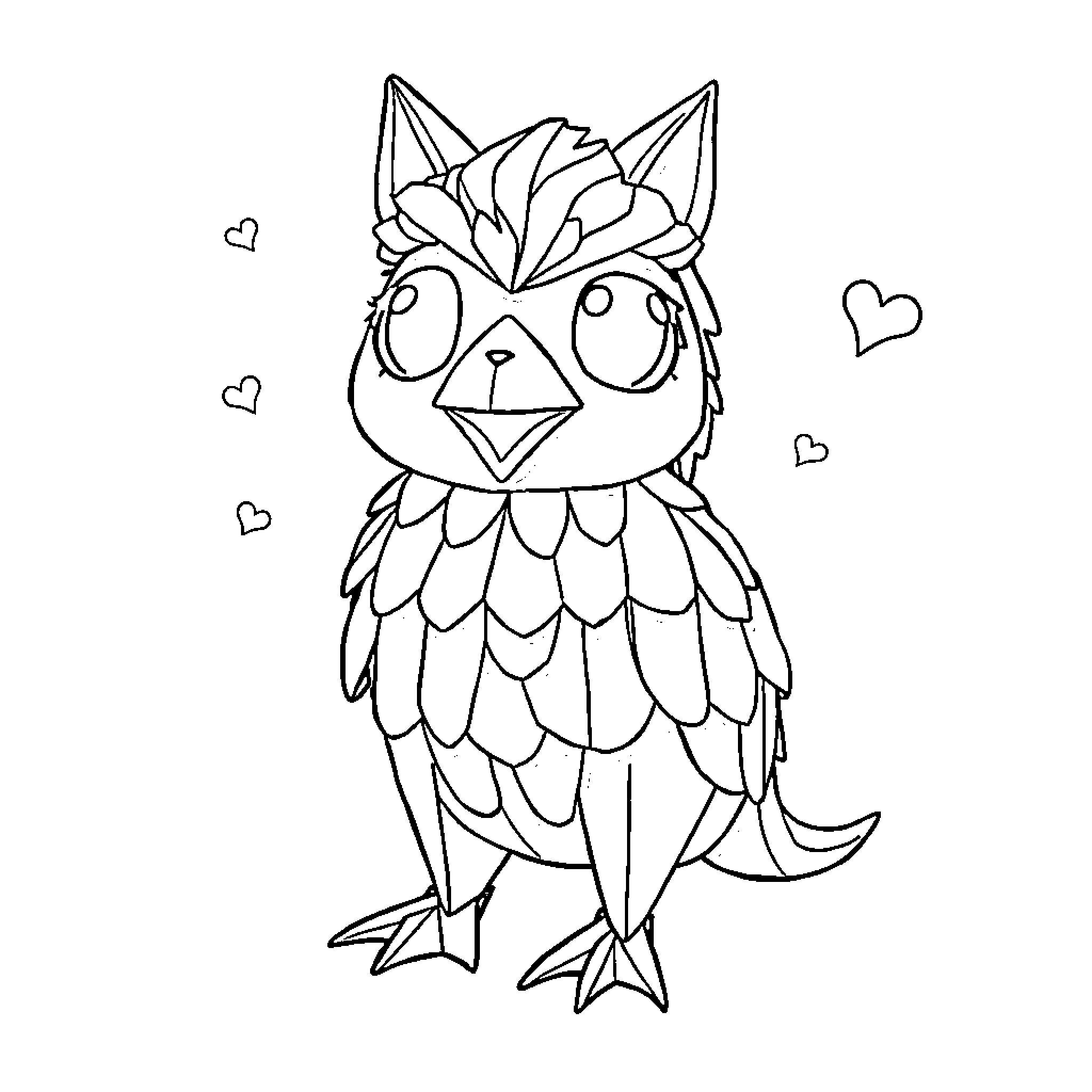 Gralla the Whimsical Owl with Hearts Coloring Page (free black-and-white line drawing printable PDF for all, from beginners to advanced learners, including children, teens, adults, and seniors)