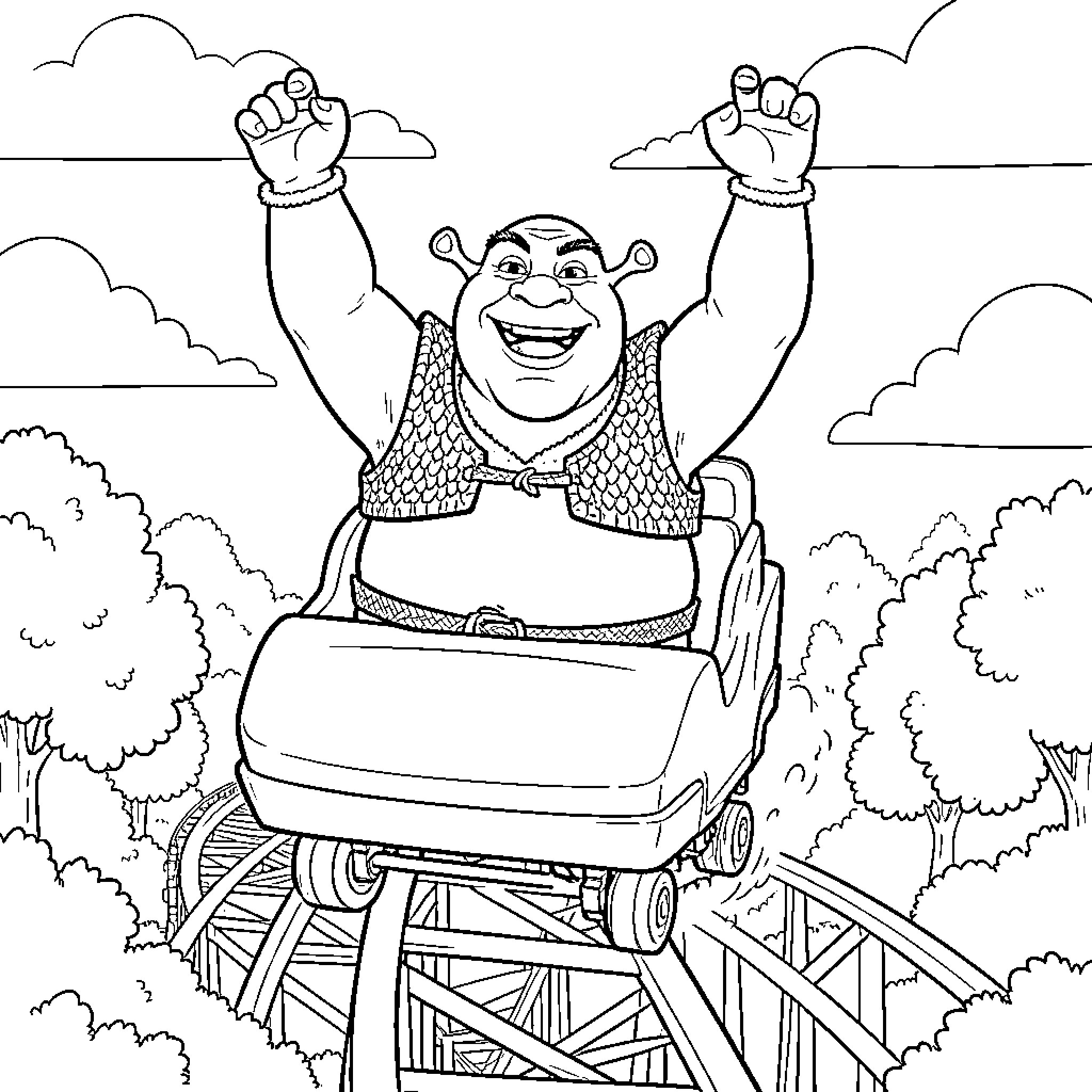 Shrek cheering joyfully while riding a roller coaster Coloring Page (free black-and-white line drawing printable PDF for all, from beginners to advanced learners, including children, teens, adults, and seniors)