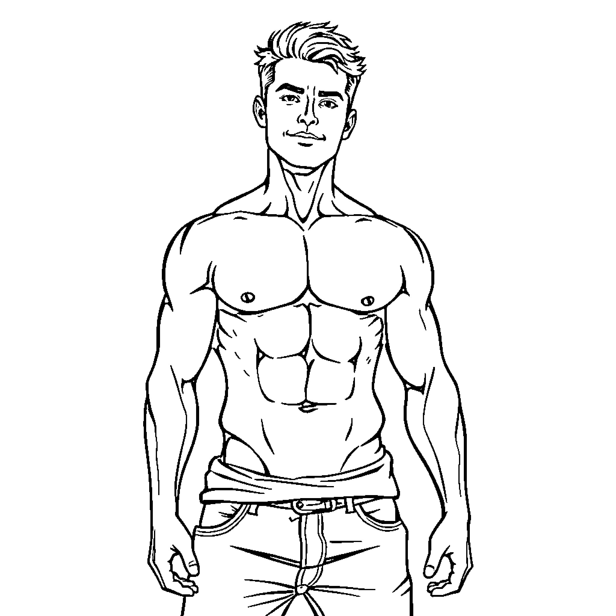 Guy displaying muscular physique in casual outfit Coloring Page (free black-and-white line drawing printable PDF for all, from beginners to advanced learners, including children, teens, adults, and seniors)
