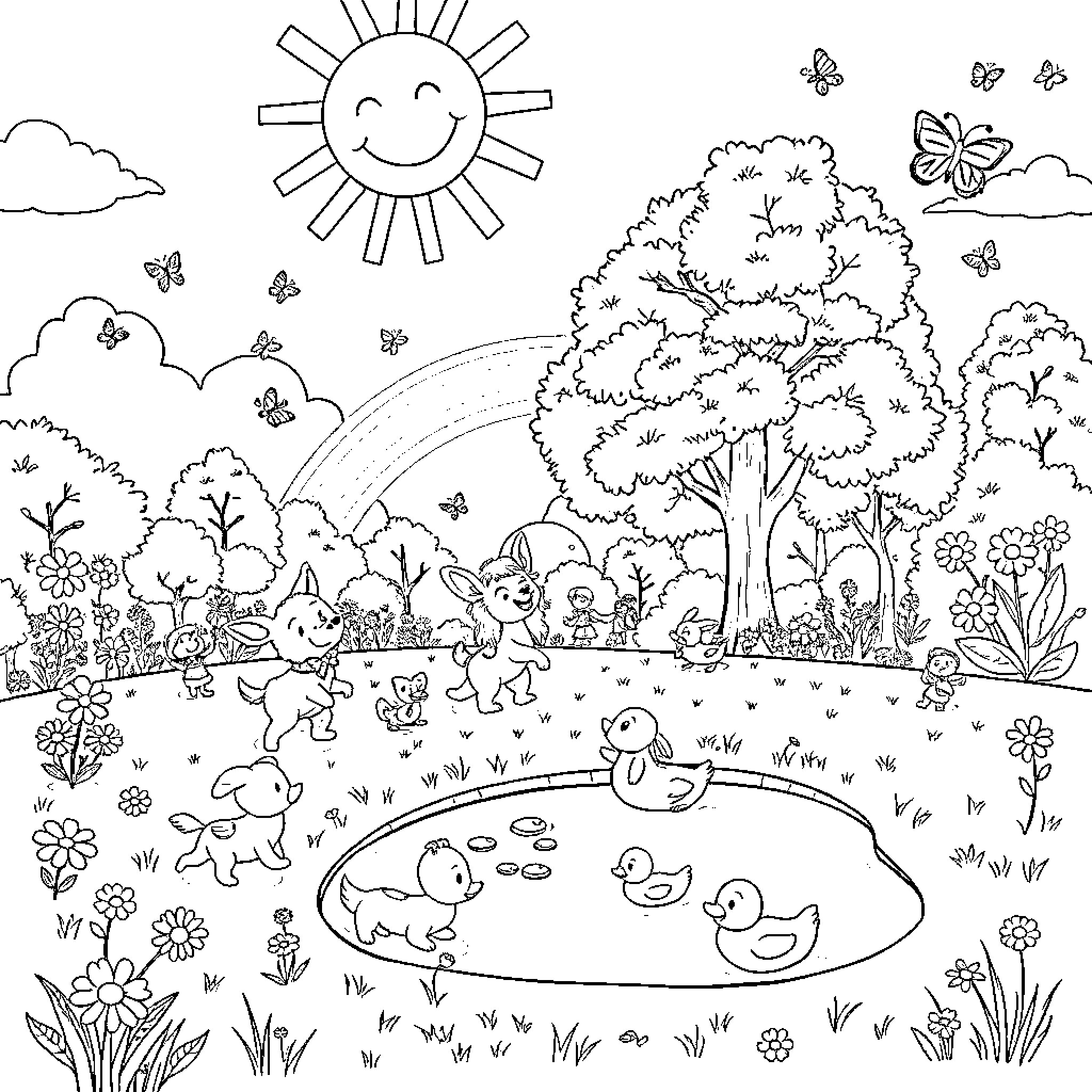 Animal friends enjoying a sunny day in the garden Coloring Page (free black-and-white line drawing printable PDF for all, from beginners to advanced learners, including children, teens, adults, and seniors)