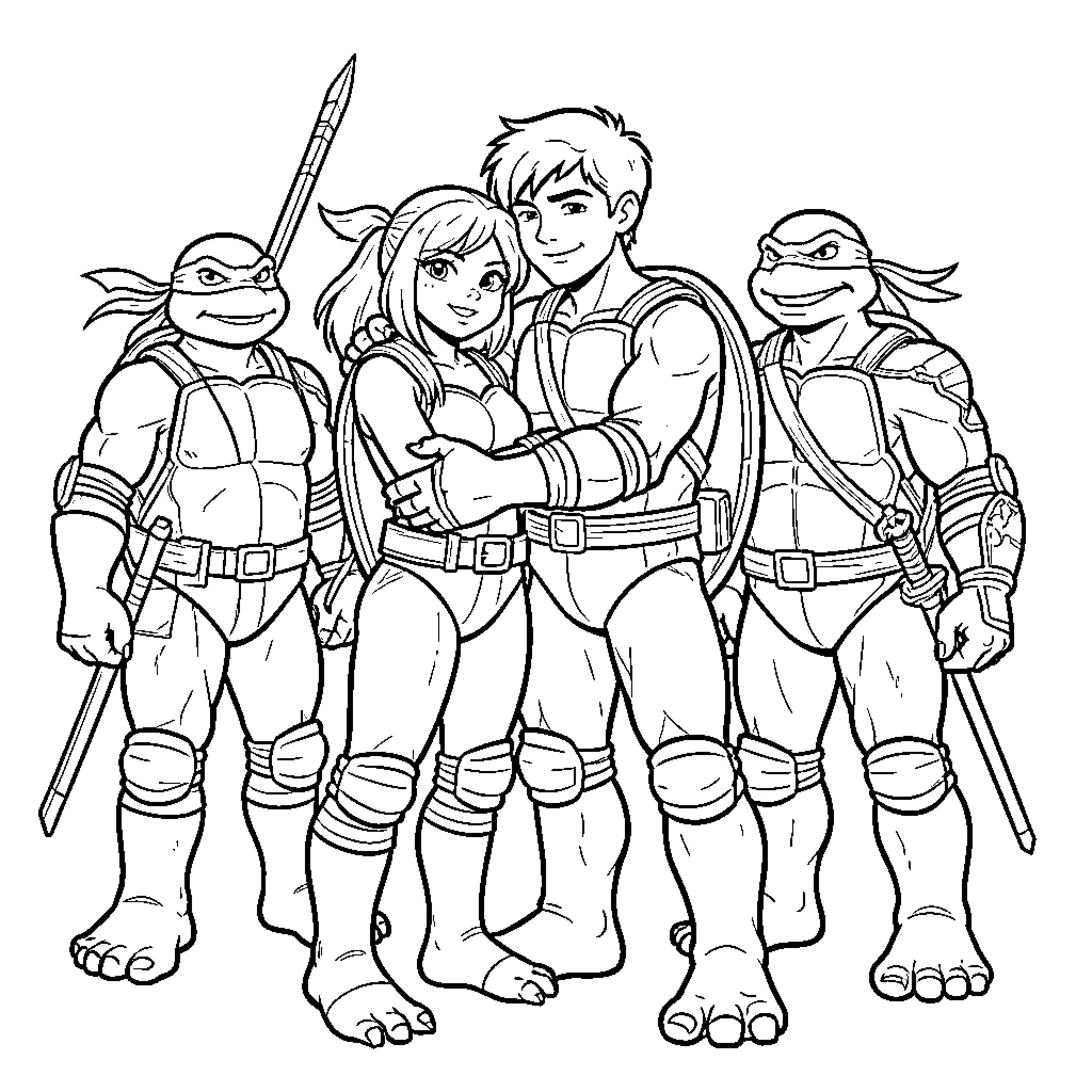 Tortue Ninja characters posing together with a young woman Coloring Page (free black-and-white line drawing printable PDF for all, from beginners to advanced learners, including children, teens, adults, and seniors)