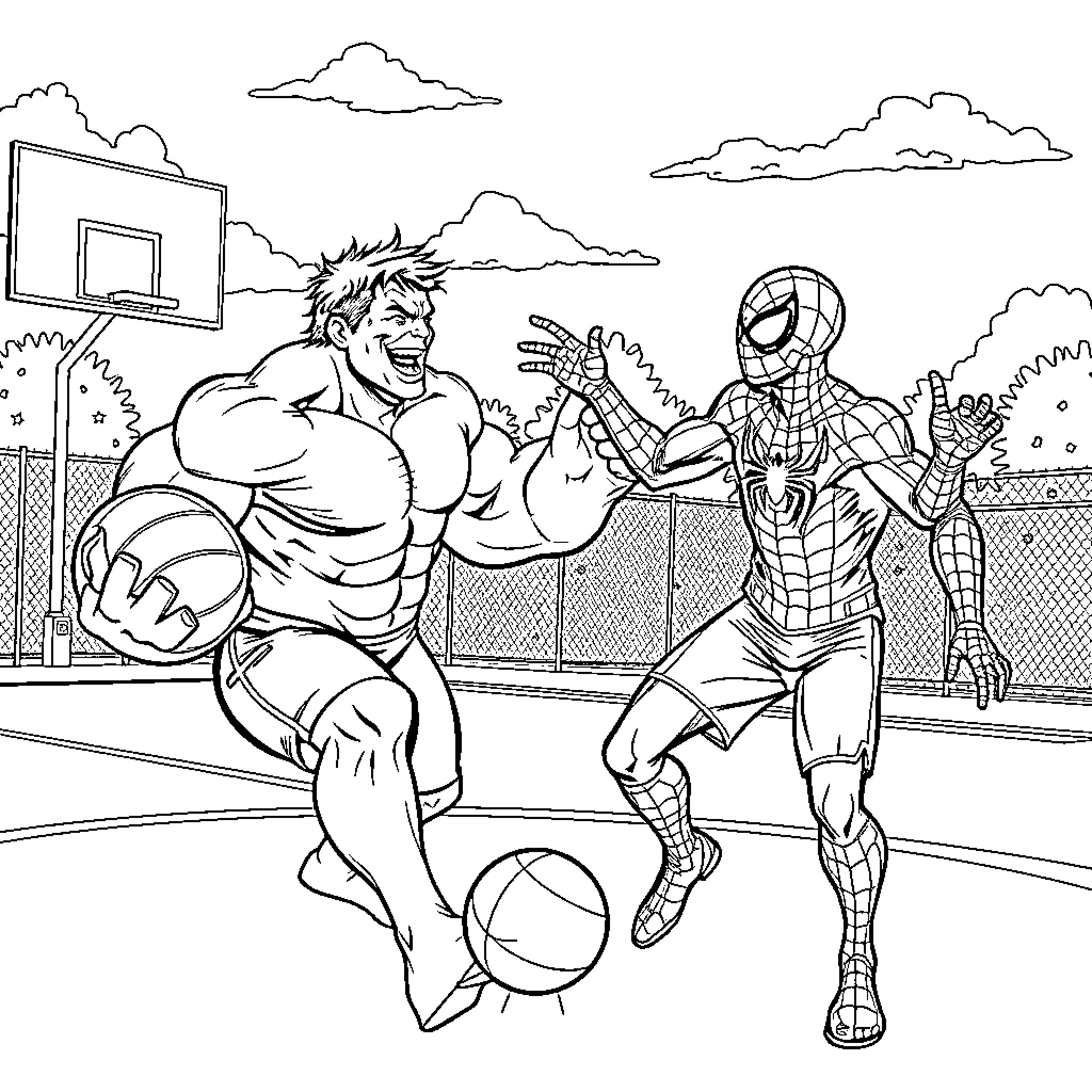 Hulk and Spider-Man Playing Basketball on the Court Coloring Page (free black-and-white line drawing printable PDF for all, from beginners to advanced learners, including children, teens, adults, and seniors)