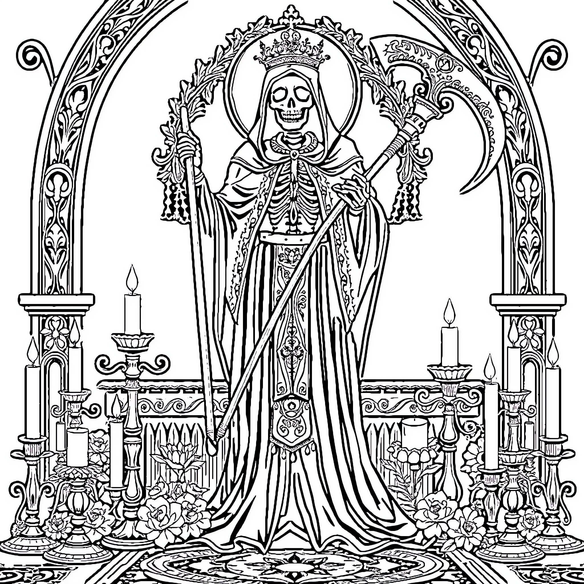Santa Muerte: The Skeletal Deity Adorned in Regal Vestments Coloring Page (free black-and-white line drawing printable PDF for all, from beginners to advanced learners, including children, teens, adults, and seniors)