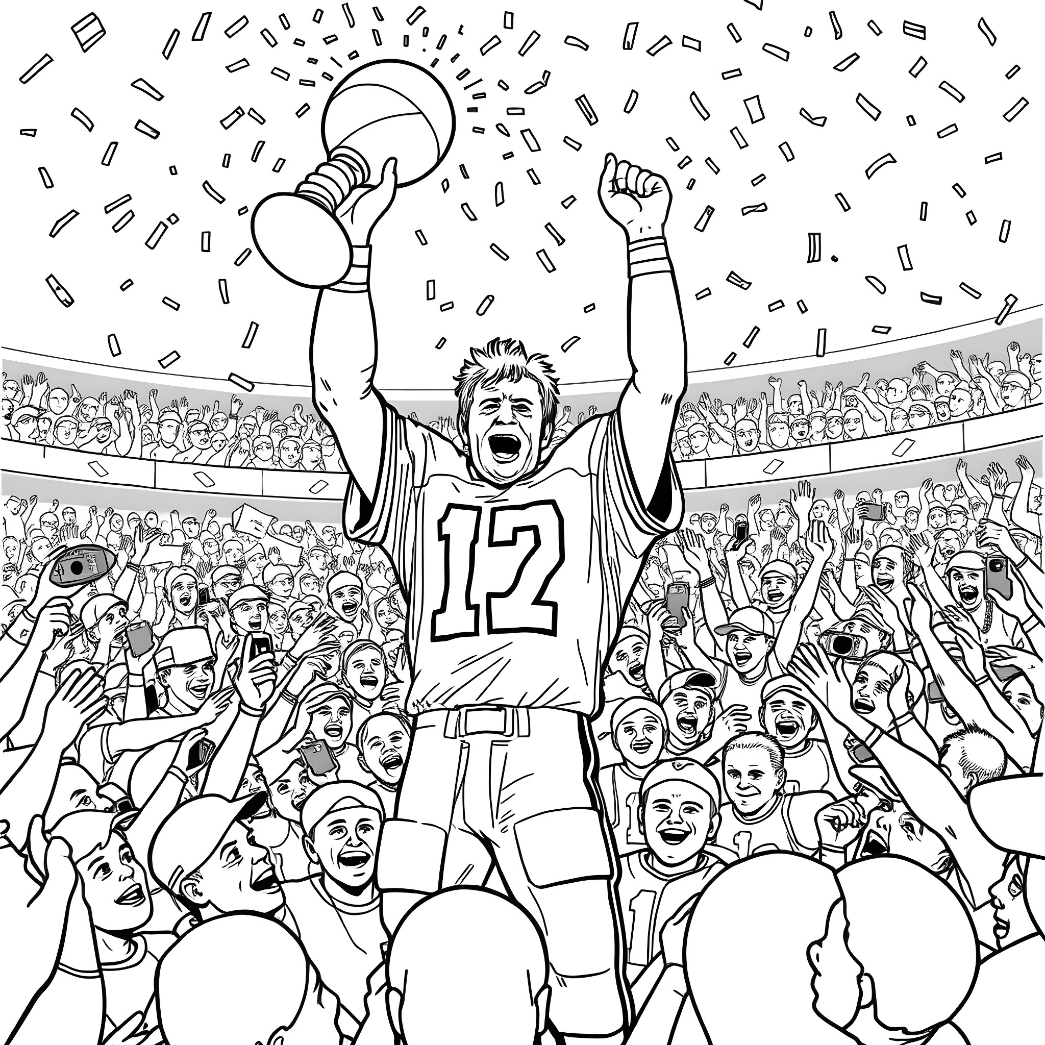 John Elway celebrating victory with fans in the stadium Coloring Page (free black-and-white line drawing printable PDF for all, from beginners to advanced learners, including children, teens, adults, and seniors)