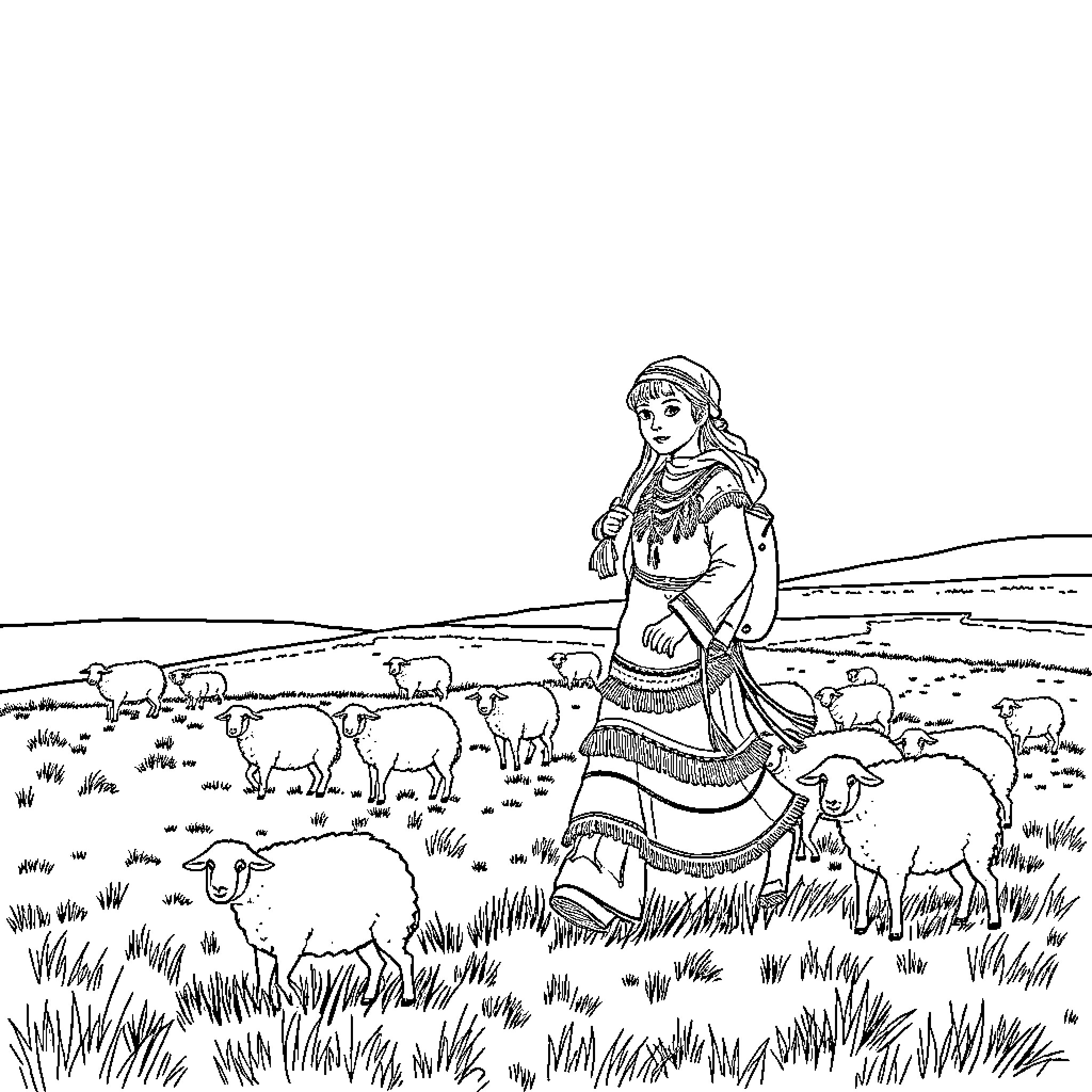 Girl herding sheep in a pastoral landscape Coloring Page (free black-and-white line drawing printable PDF for all, from beginners to advanced learners, including children, teens, adults, and seniors)