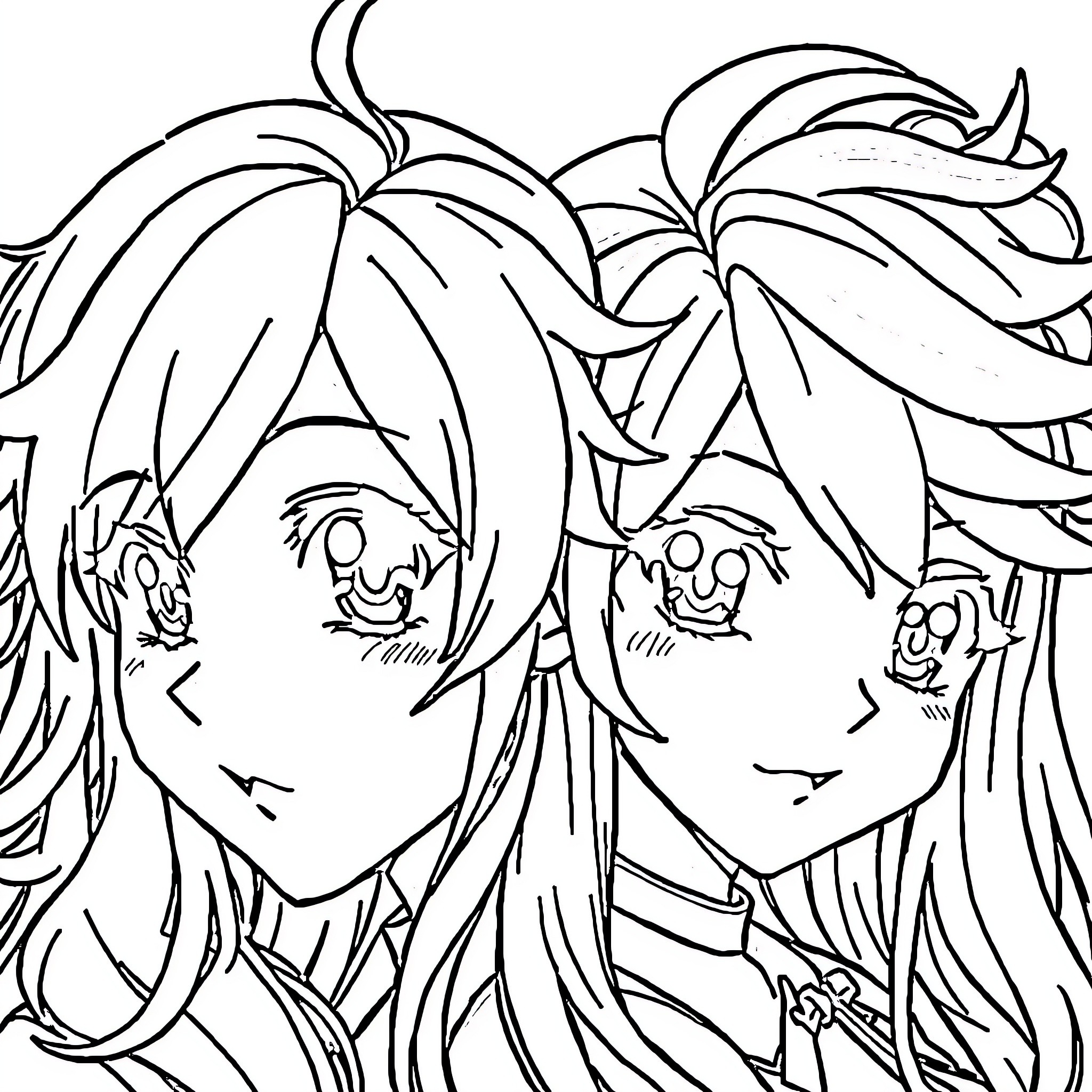 Anime girls with unique hairstyles Coloring Page (free black-and-white line drawing printable PDF for all, from beginners to advanced learners, including children, teens, adults, and seniors)
