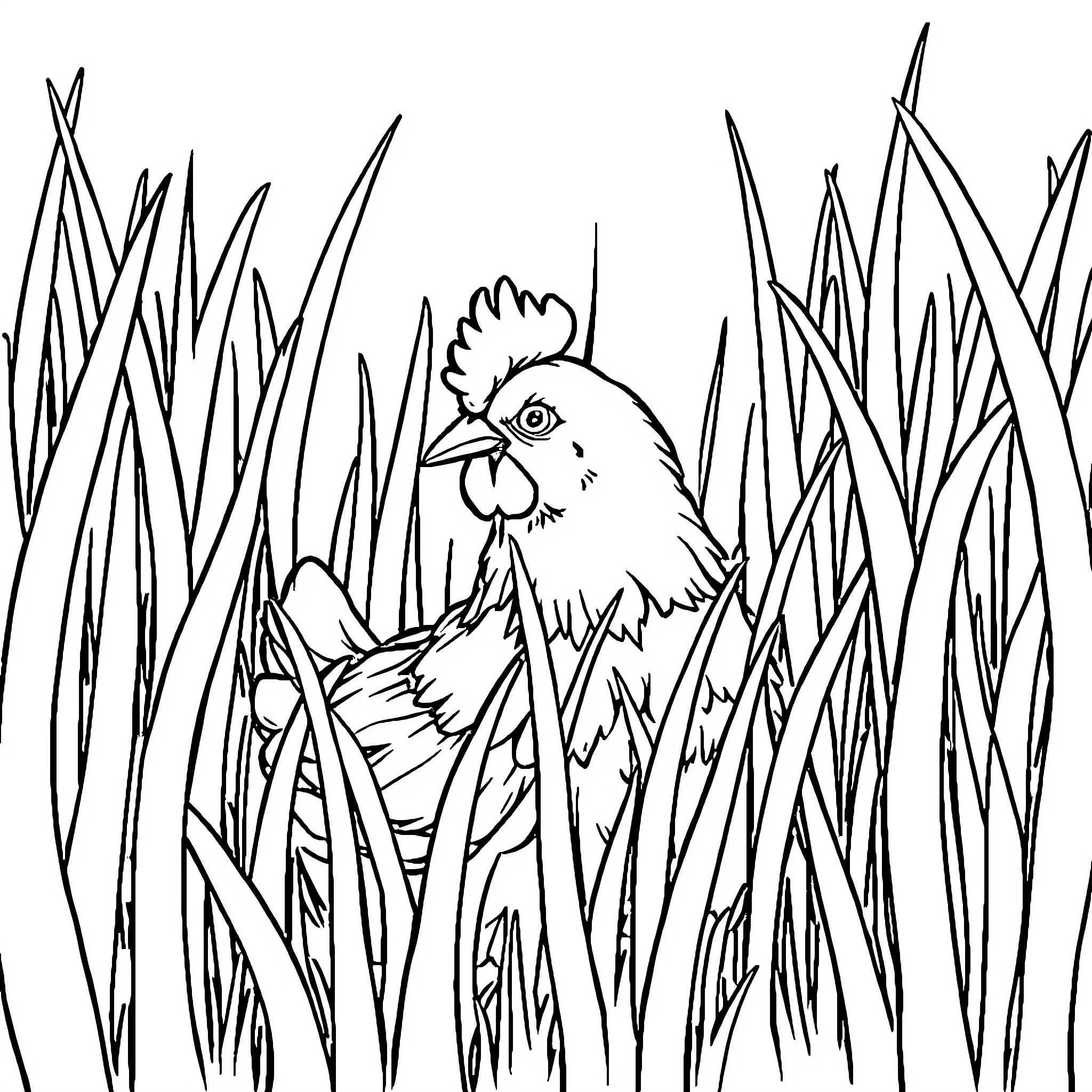 Chicken hiding in tall grass Coloring Page (free black-and-white line drawing printable PDF for all, from beginners to advanced learners, including children, teens, adults, and seniors)