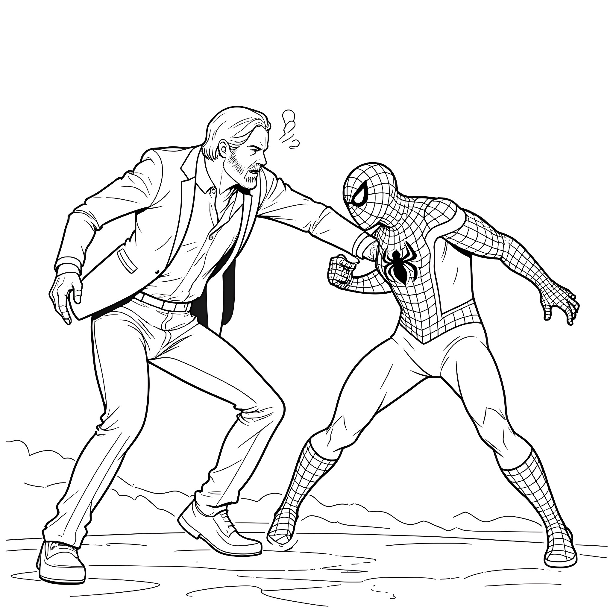 John Wick's Confrontation with Spiderman Coloring Page (free black-and-white line drawing printable PDF for all, from beginners to advanced learners, including children, teens, adults, and seniors)
