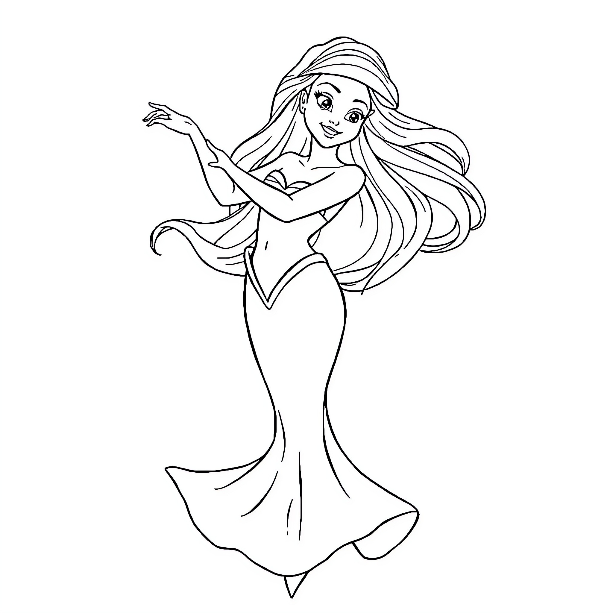 Ariel singing and swaying in a flowing dress Coloring Page (free black-and-white line drawing printable PDF for all, from beginners to advanced learners, including children, teens, adults, and seniors)