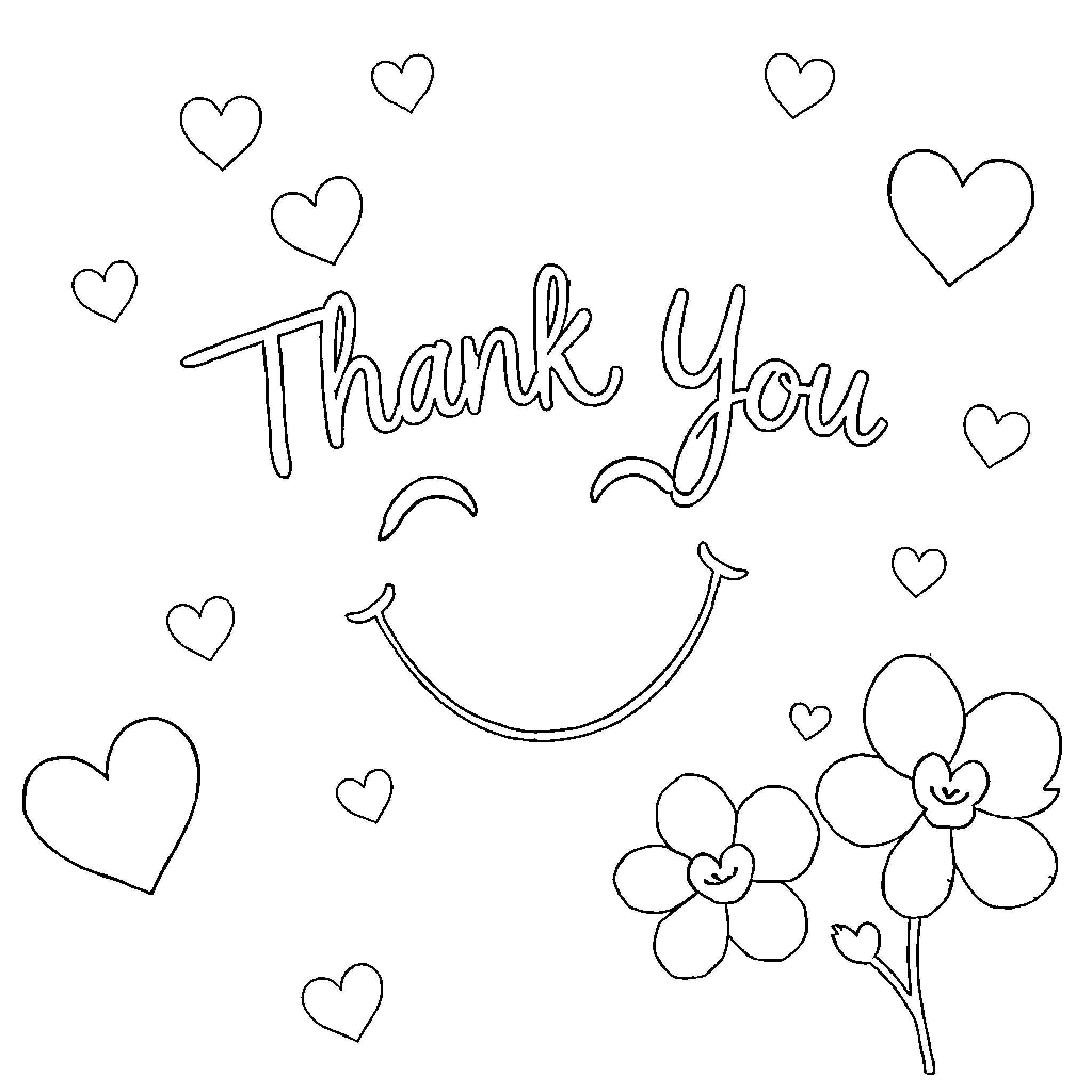 Thank You with Happy Flowers and Hearts Coloring Page (free black-and-white line drawing printable PDF for all, from beginners to advanced learners, including children, teens, adults, and seniors)