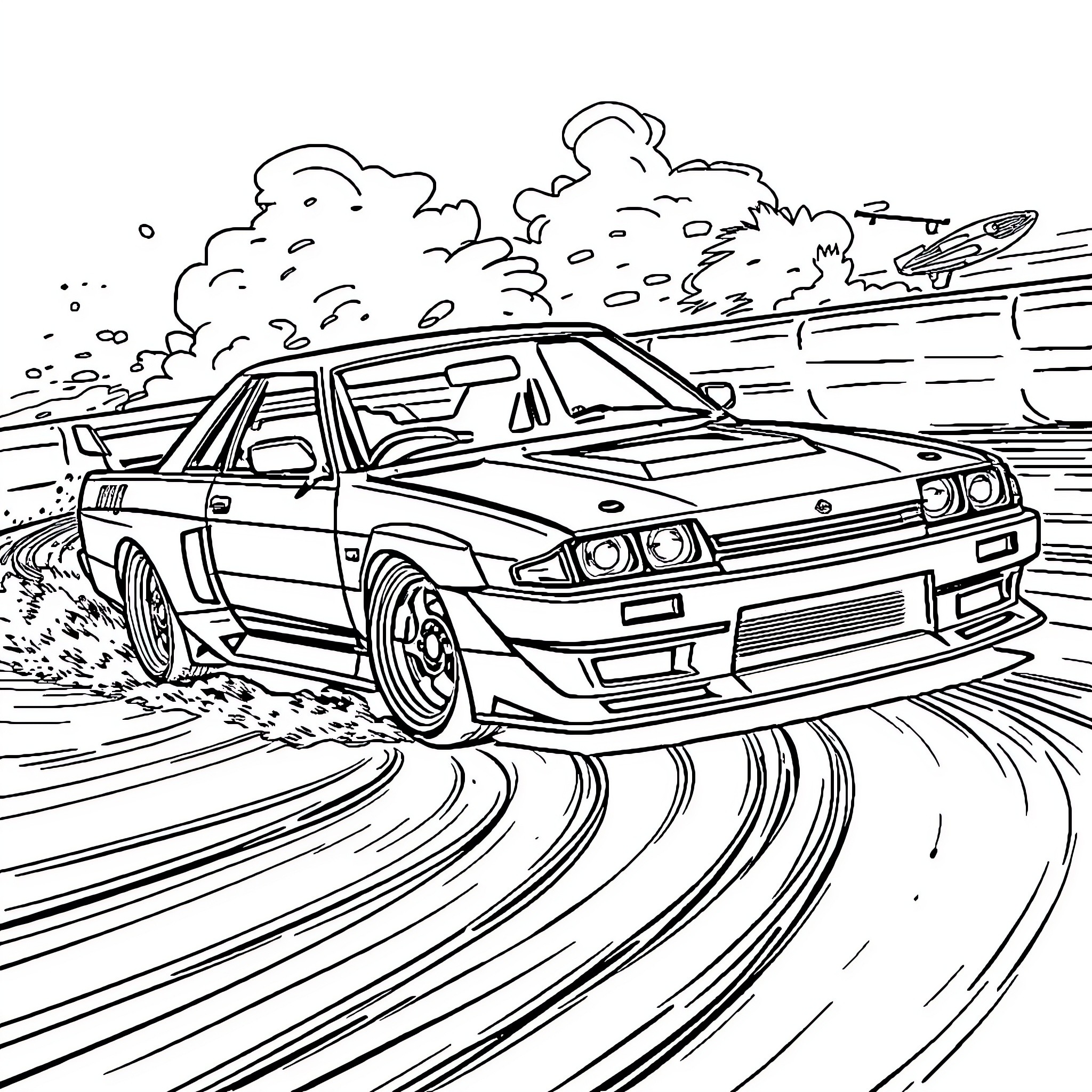 Nissan Skyline racing at high speed on the road Coloring Page (free black-and-white line drawing printable PDF for all, from beginners to advanced learners, including children, teens, adults, and seniors)