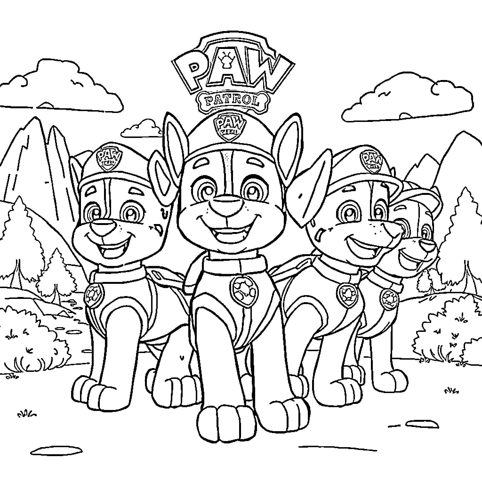Paw Patrol characters in an outdoor setting Coloring Page (free black-and-white line drawing printable PDF for all, from beginners to advanced learners, including children, teens, adults, and seniors)
