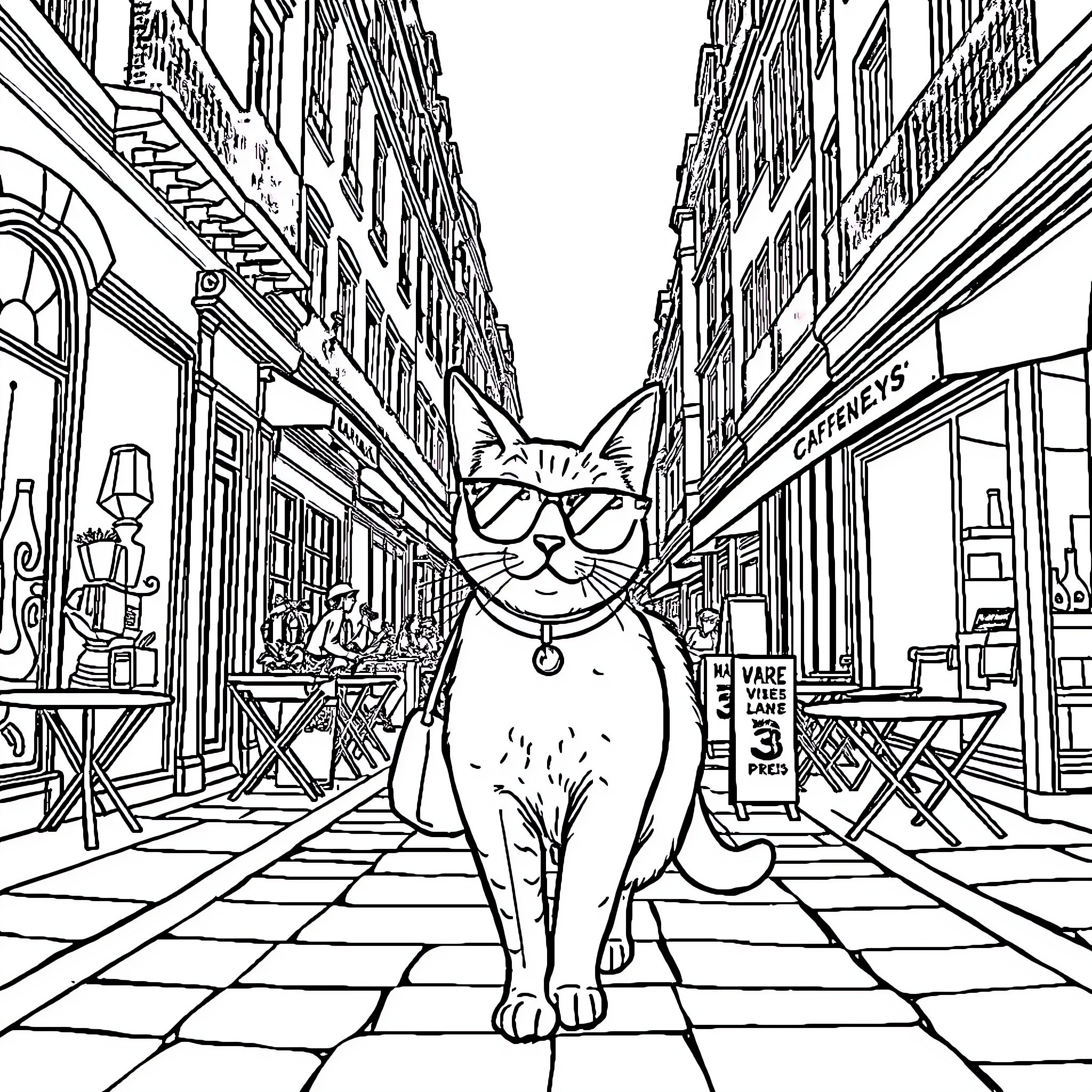 Cat exploring a lively city street Coloring Page (free black-and-white line drawing printable PDF for all, from beginners to advanced learners, including children, teens, adults, and seniors)