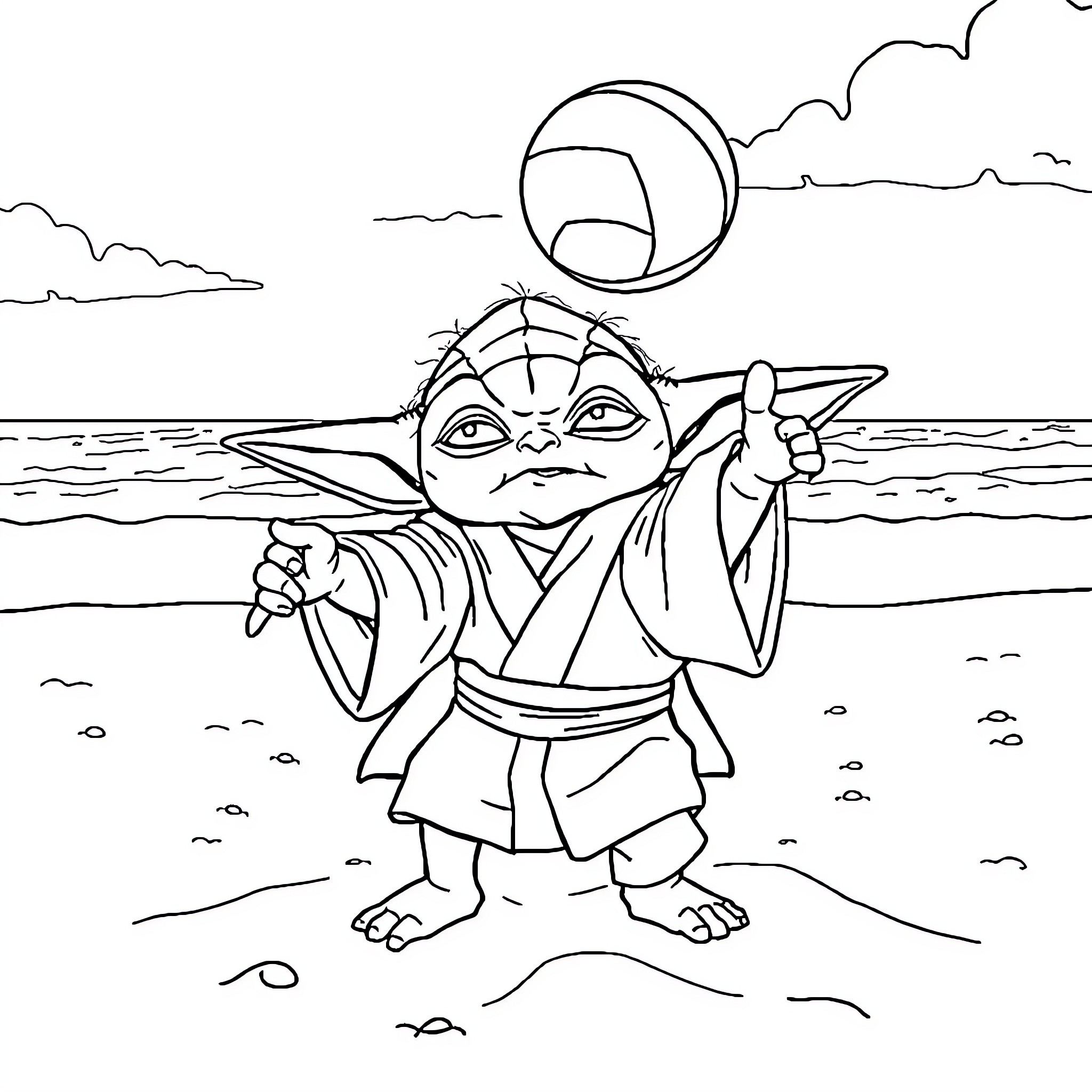 Yoda playing in the beach with ball Coloring Page (free black-and-white line drawing printable PDF for all, from beginners to advanced learners, including children, teens, adults, and seniors)