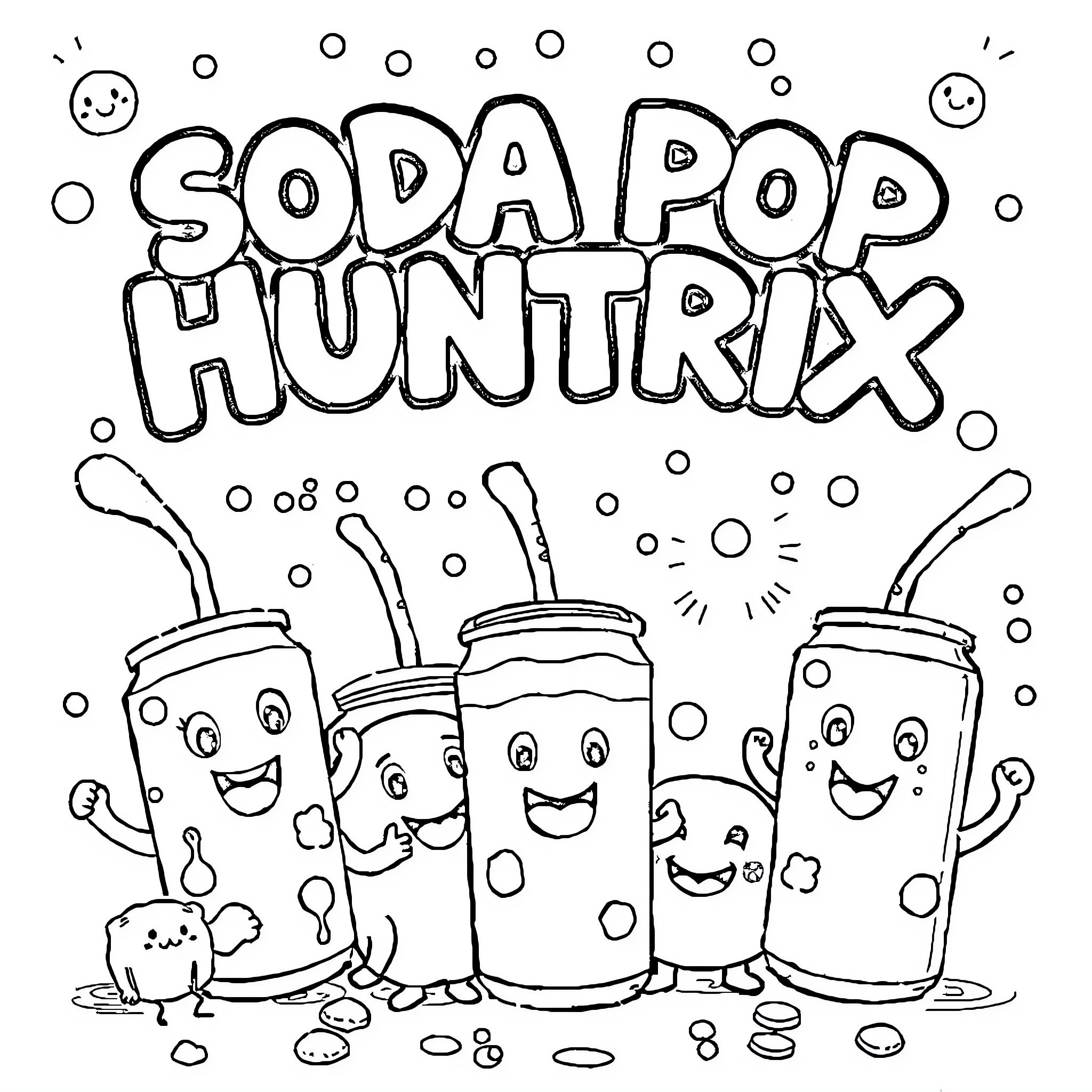 Soda Pop Huntrix with Cheerful Soda Cans Coloring Page (free black-and-white line drawing printable PDF for all, from beginners to advanced learners, including children, teens, adults, and seniors)