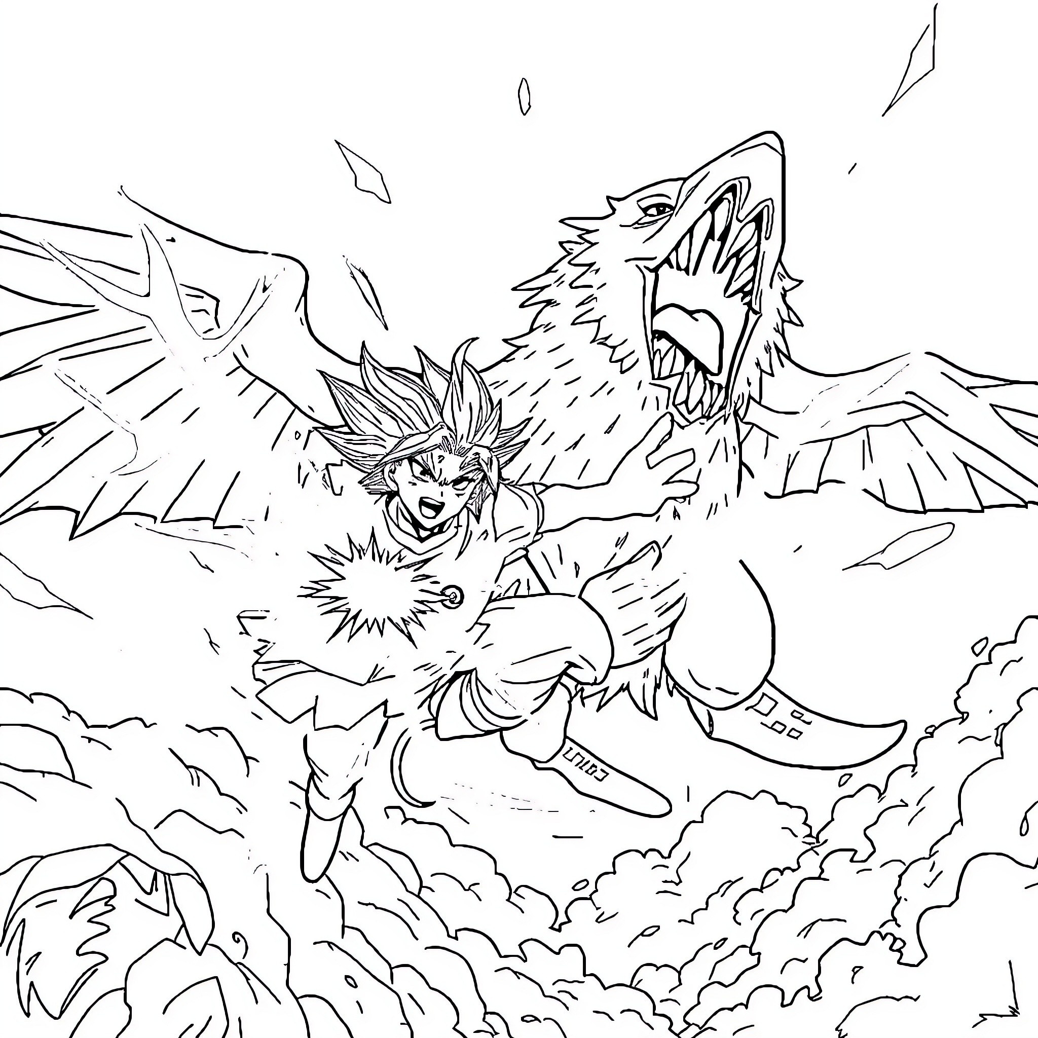 Anime Character battling ferocious beast in the sky Coloring Page (free black-and-white line drawing printable PDF for all, from beginners to advanced learners, including children, teens, adults, and seniors)