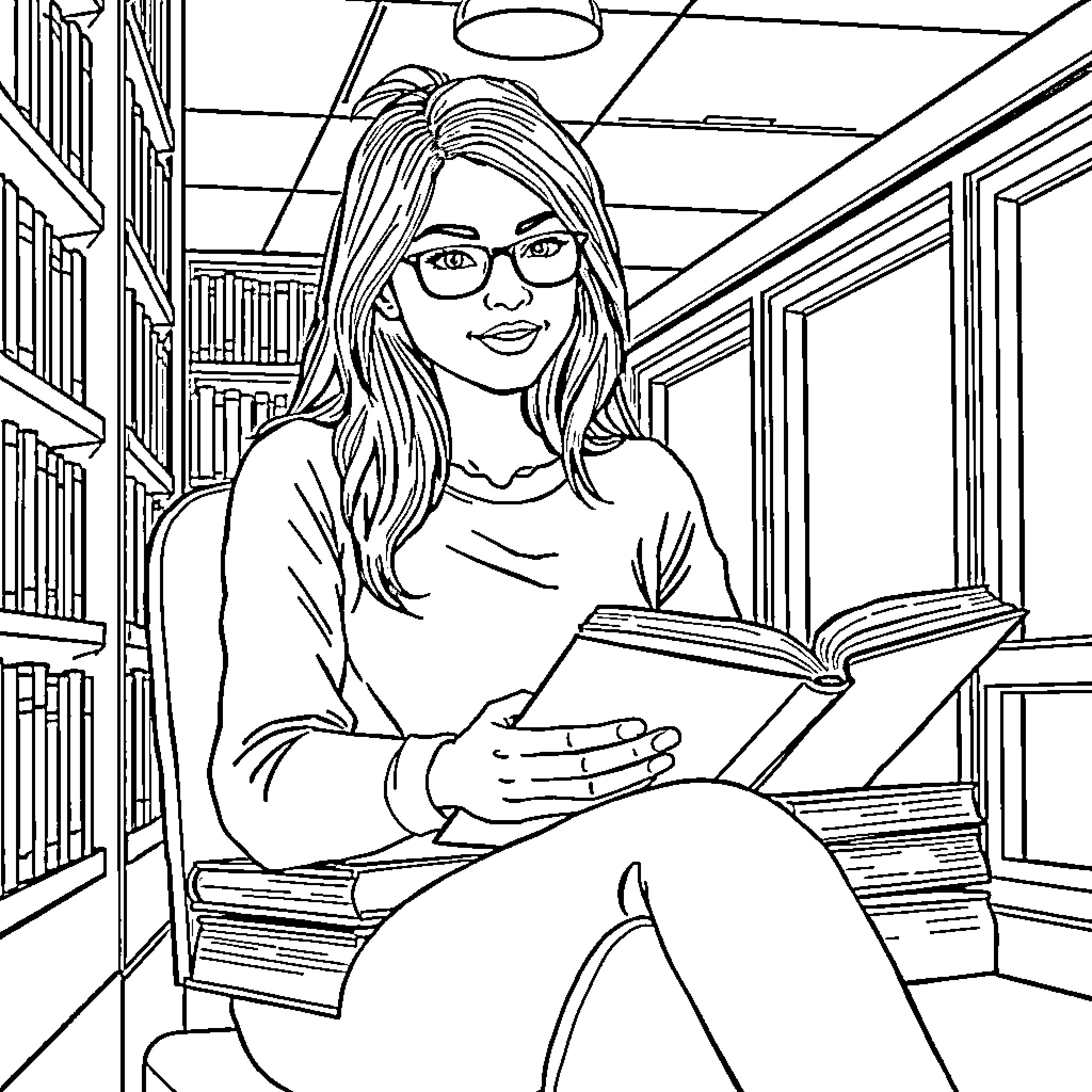 Woman reading a book in the library Coloring Page (free black-and-white line drawing printable PDF for all, from beginners to advanced learners, including children, teens, adults, and seniors)