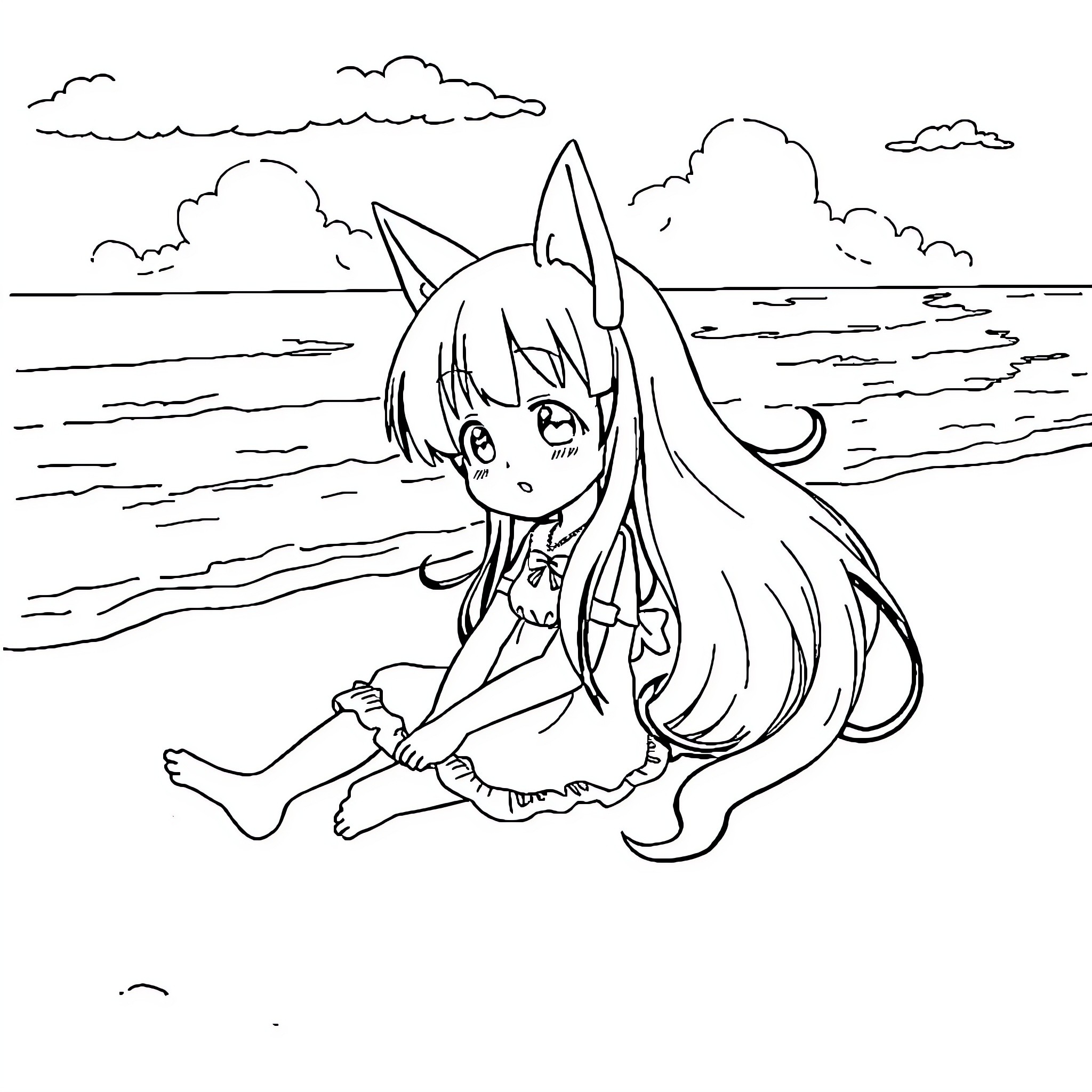 Melody enjoying a peaceful day by the sea Coloring Page (free black-and-white line drawing printable PDF for all, from beginners to advanced learners, including children, teens, adults, and seniors)