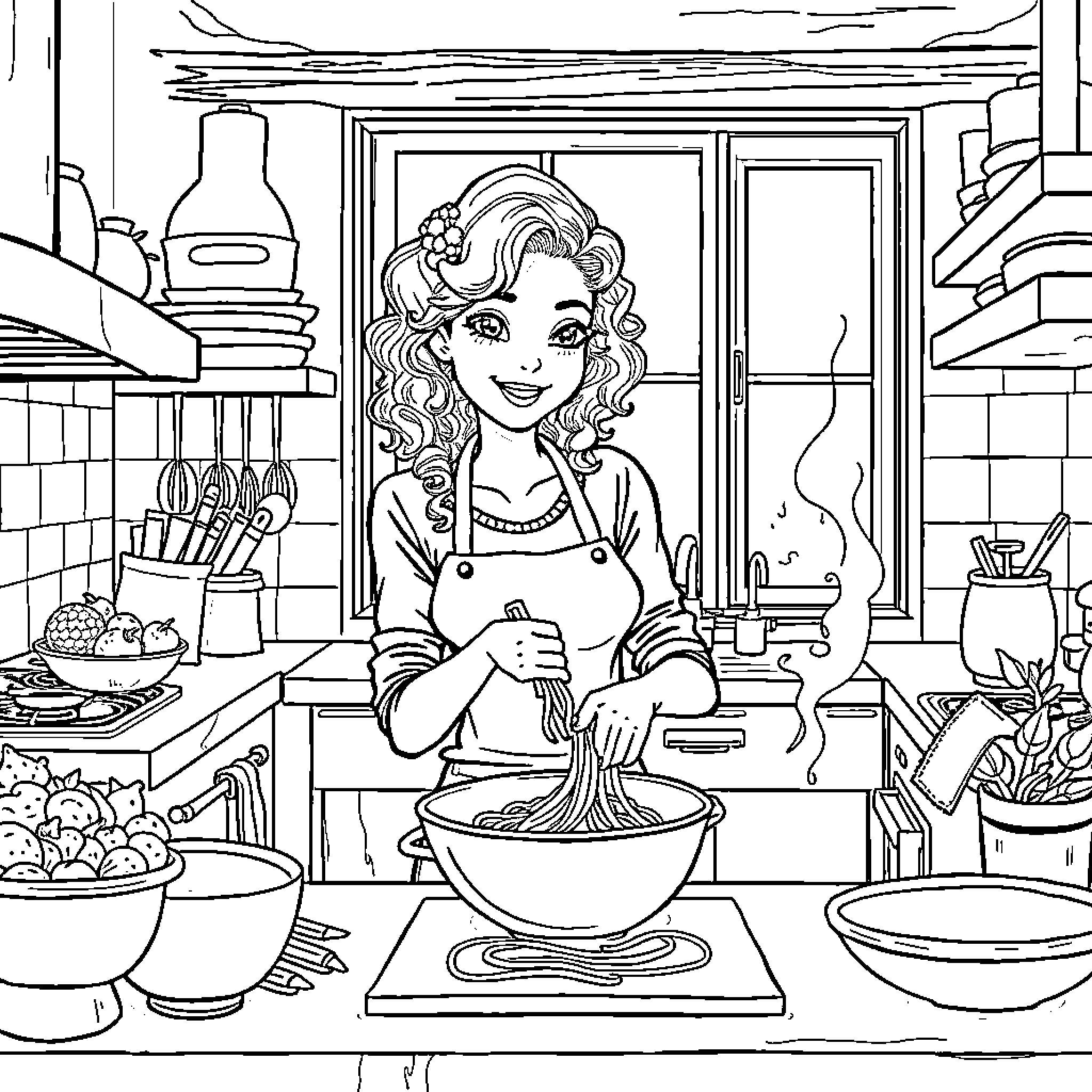 Girl cooking joyfully in the kitchen Coloring Page (free black-and-white line drawing printable PDF for all, from beginners to advanced learners, including children, teens, adults, and seniors)