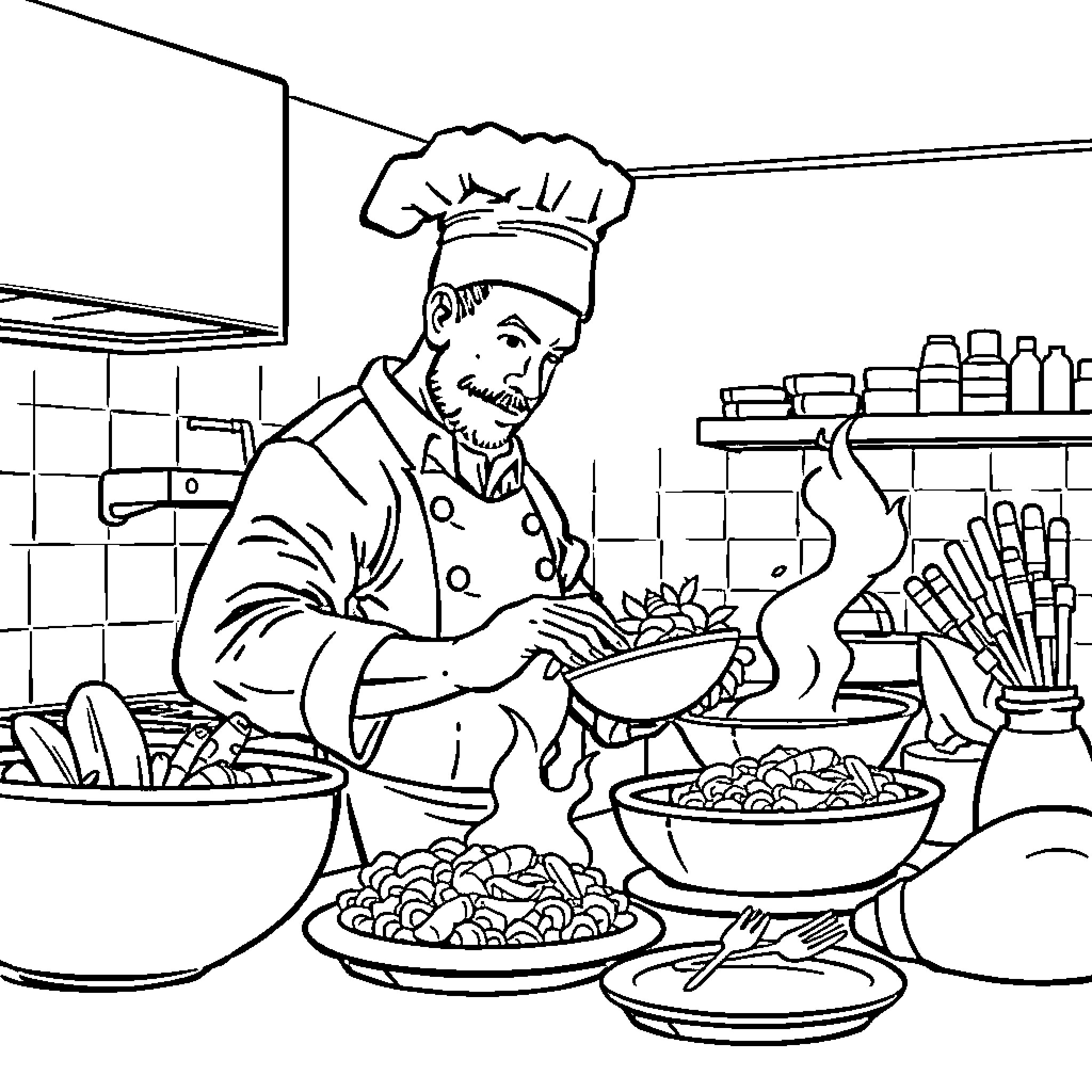 Rugby Chef Prepares Delicious Meal in Commercial Kitchen Coloring Page (free black-and-white line drawing printable PDF for all, from beginners to advanced learners, including children, teens, adults, and seniors)