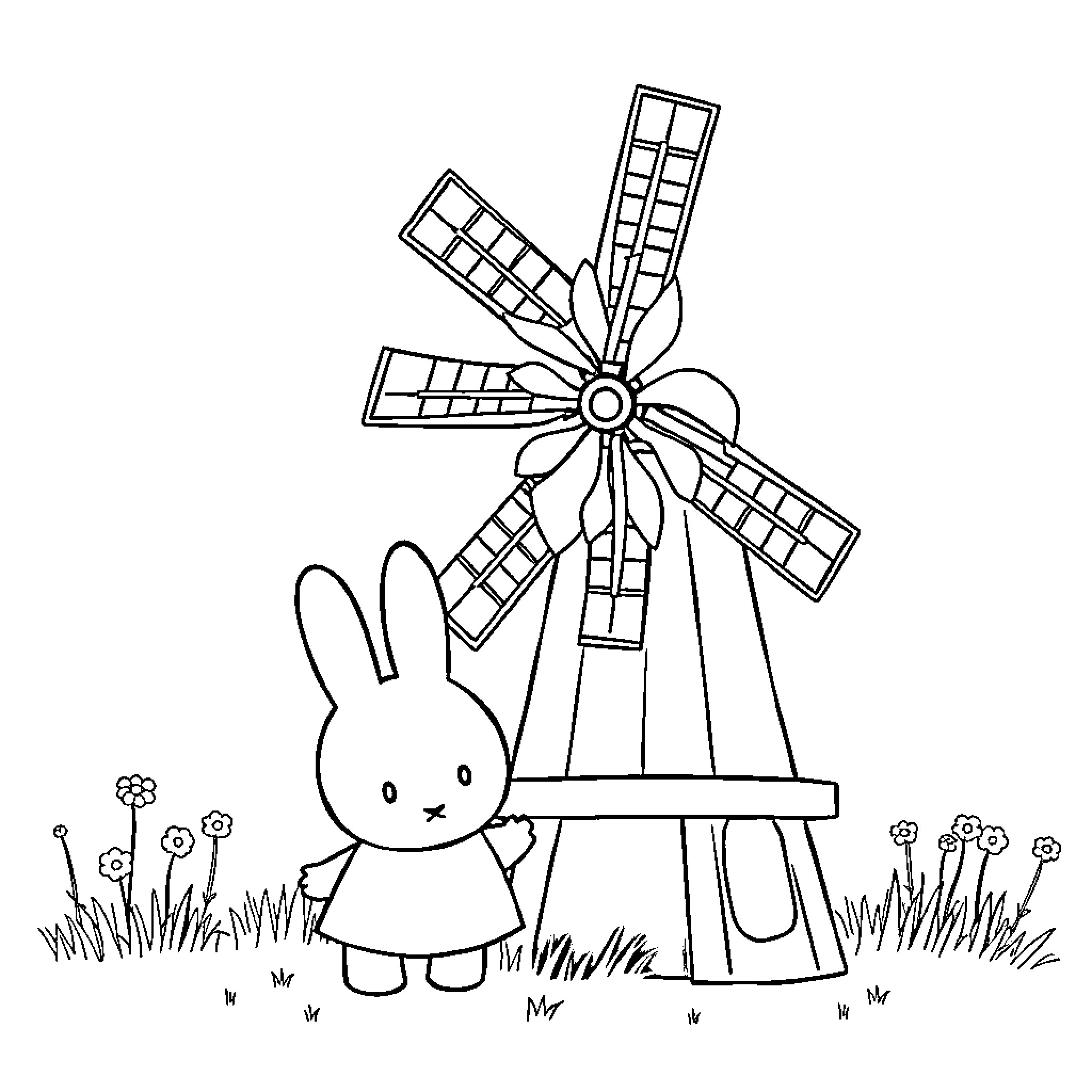 Miffy exploring a windmill in the meadow Coloring Page (free black-and-white line drawing printable PDF for all, from beginners to advanced learners, including children, teens, adults, and seniors)