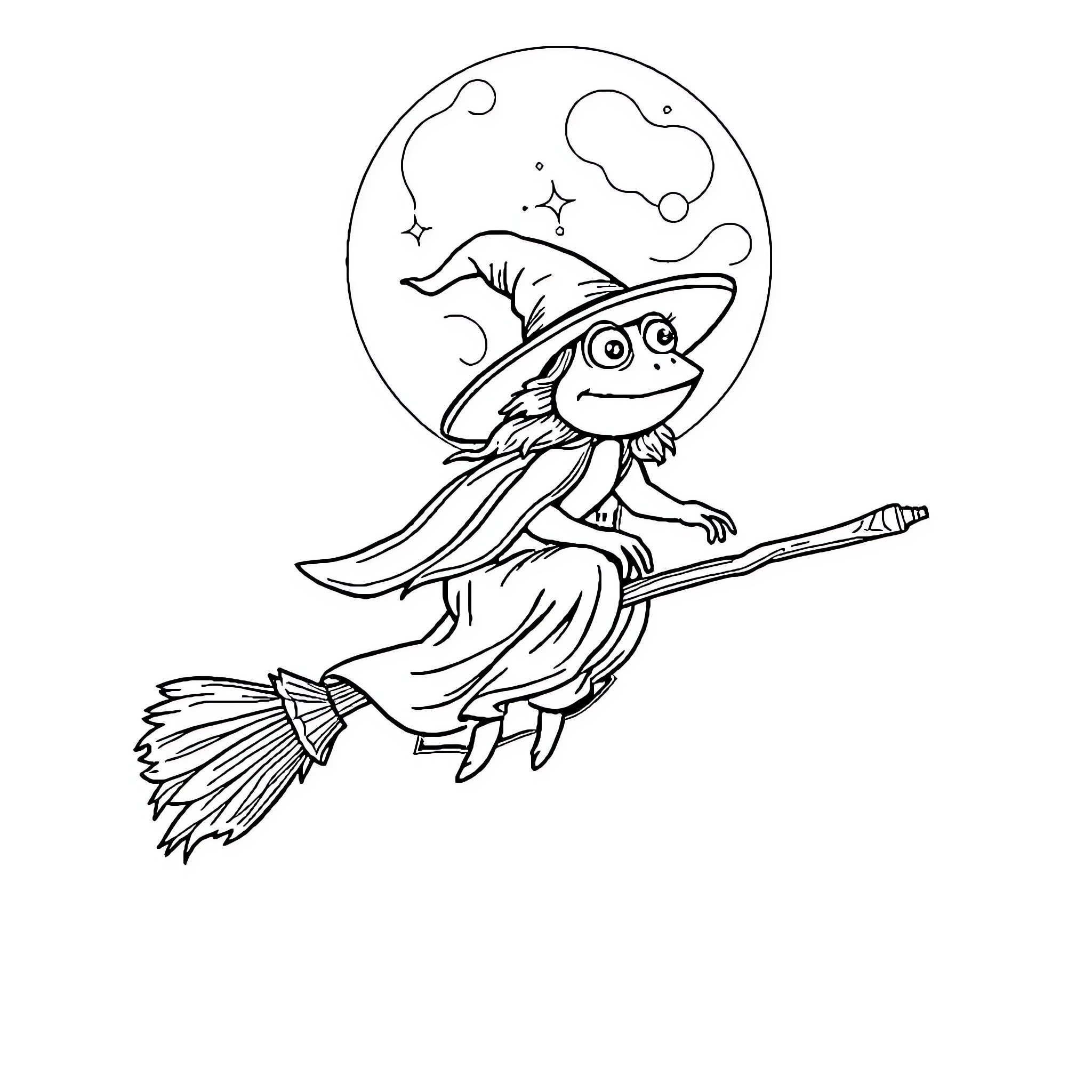 Frog witch flying on broomstick under the moon Coloring Page (free black-and-white line drawing printable PDF for all, from beginners to advanced learners, including children, teens, adults, and seniors)