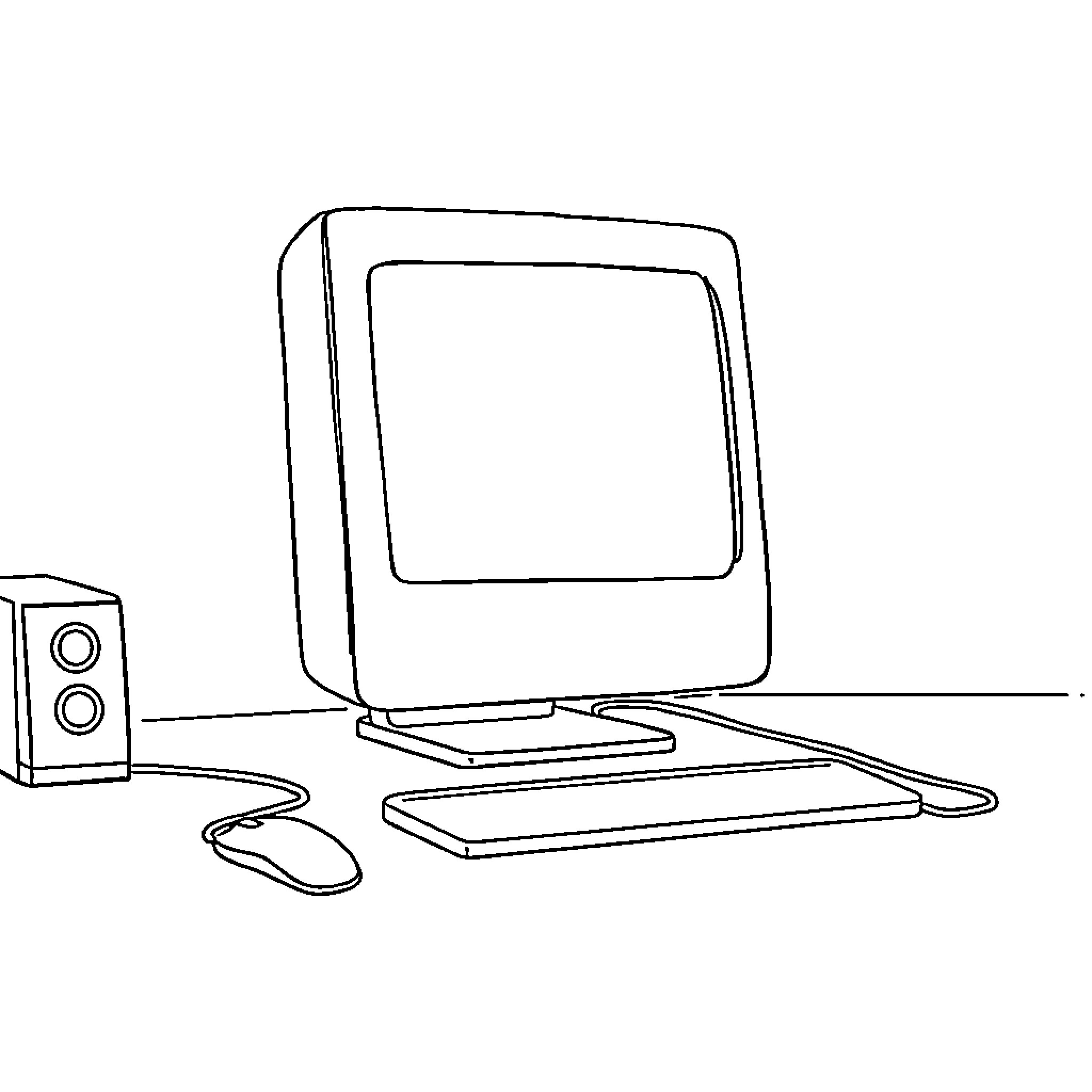 Computer with speakers and input devices Coloring Page (free black-and-white line drawing printable PDF for all, from beginners to advanced learners, including children, teens, adults, and seniors)