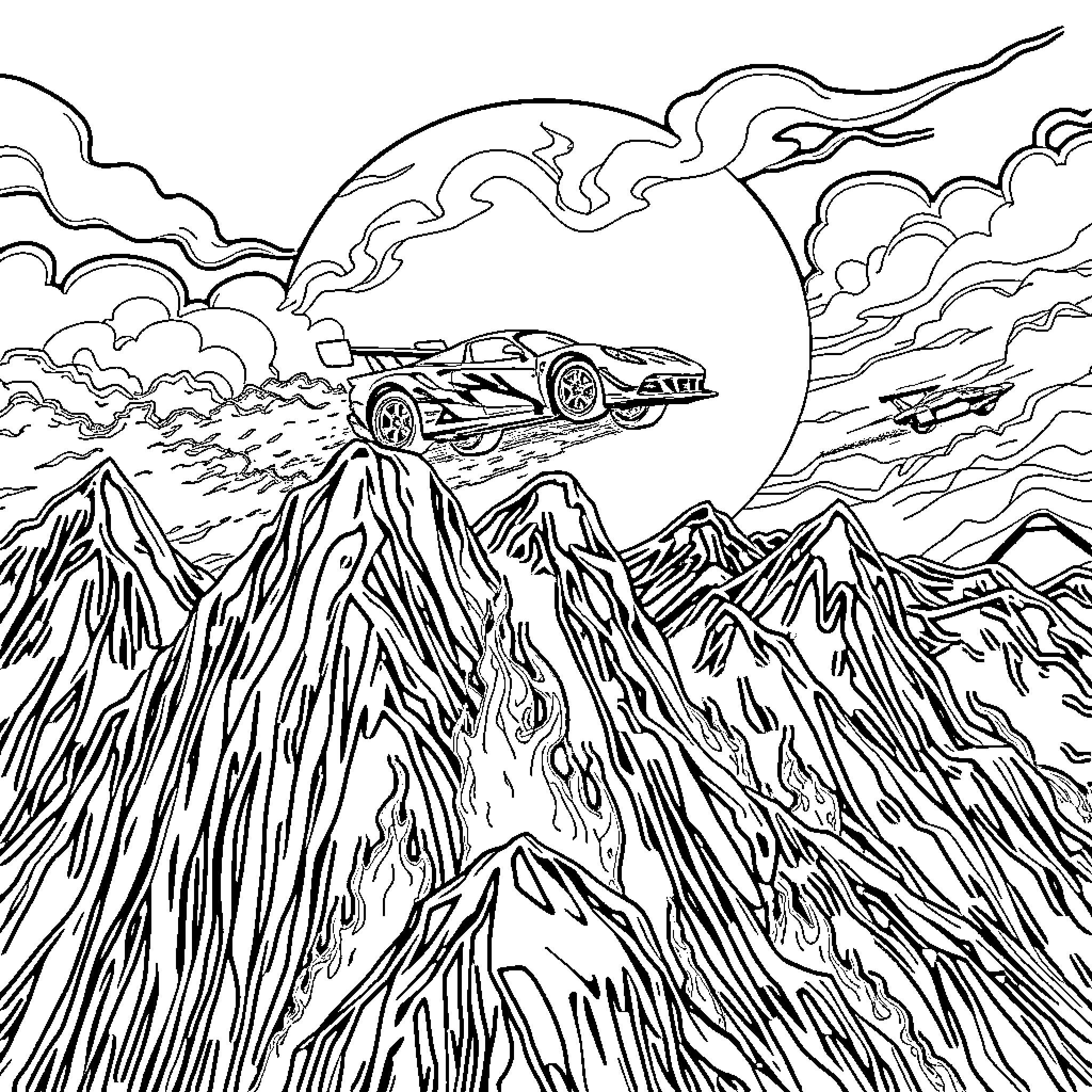 Racecar speeding through mountainous landscape at sunset Coloring Page (free black-and-white line drawing printable PDF for all, from beginners to advanced learners, including children, teens, adults, and seniors)