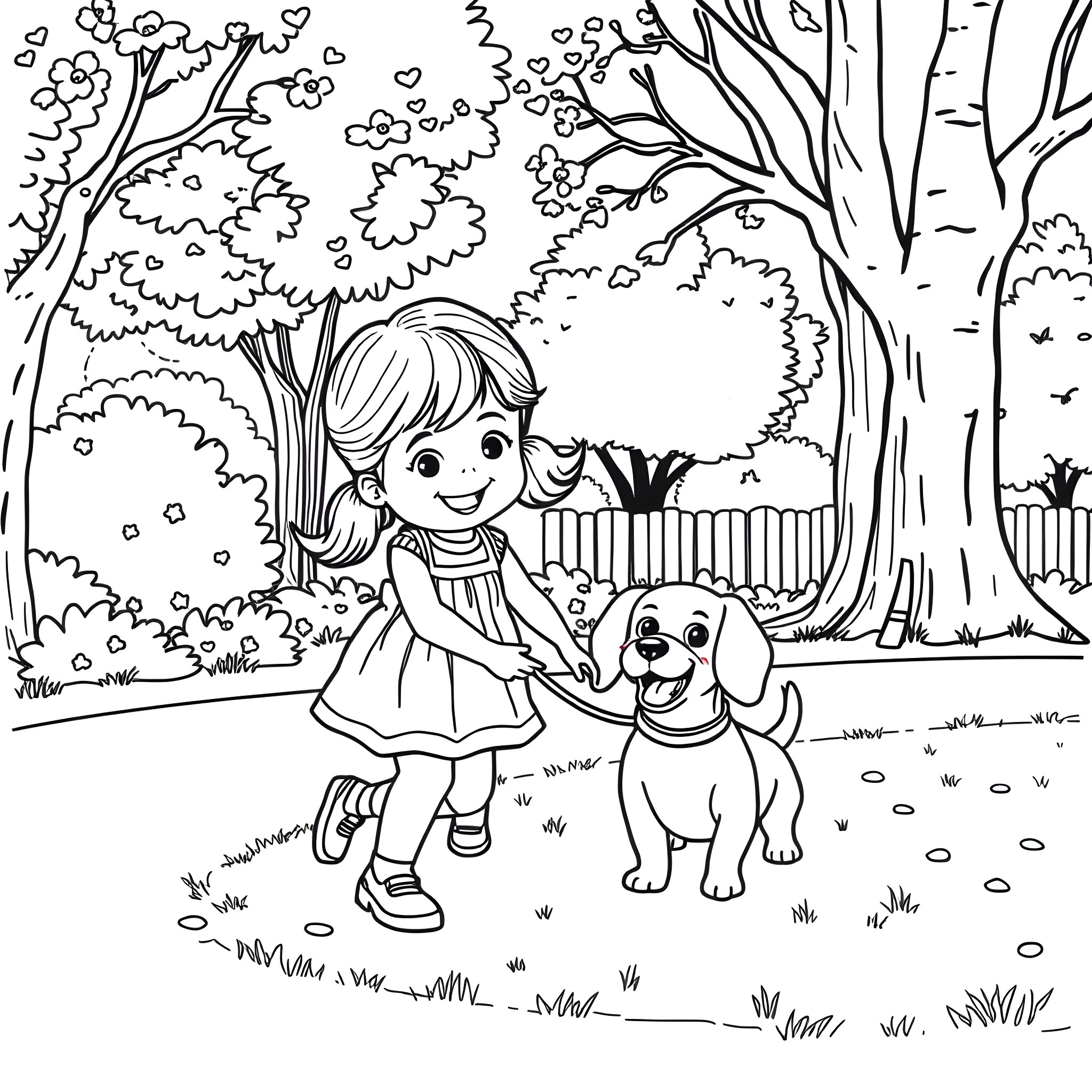 Girl playing with her dog in the park Coloring Page (free black-and-white line drawing printable PDF for all, from beginners to advanced learners, including children, teens, adults, and seniors)