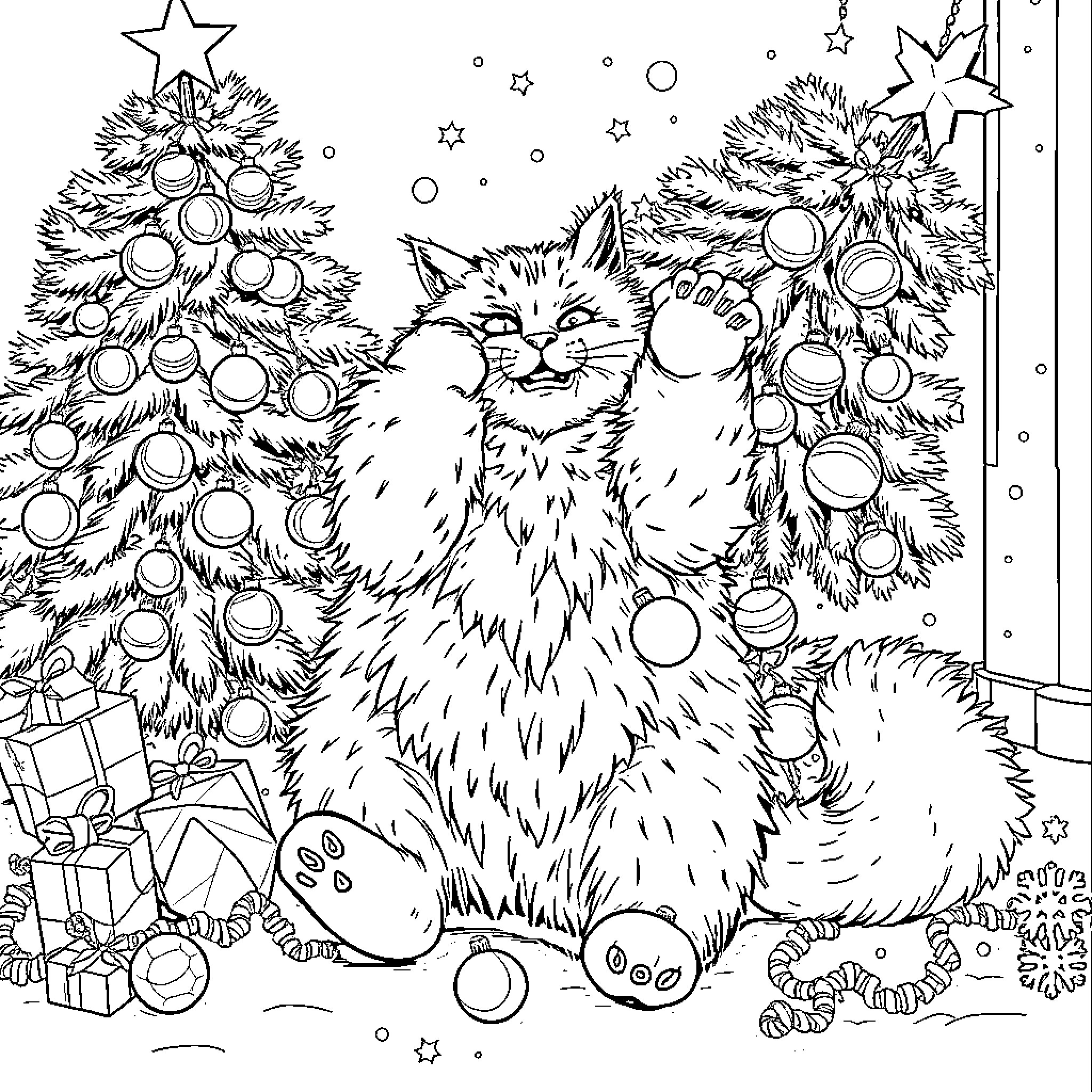 Cats in festive winter scene Coloring Page (free black-and-white line drawing printable PDF for all, from beginners to advanced learners, including children, teens, adults, and seniors)