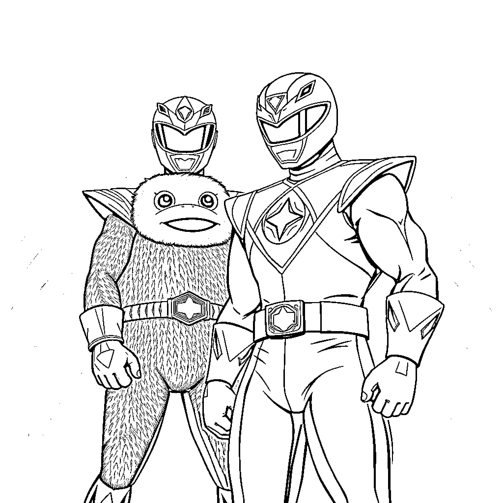 Power Rangers Duo with a Furry Sidekick Coloring Page (free black-and-white line drawing printable PDF for all, from beginners to advanced learners, including children, teens, adults, and seniors)