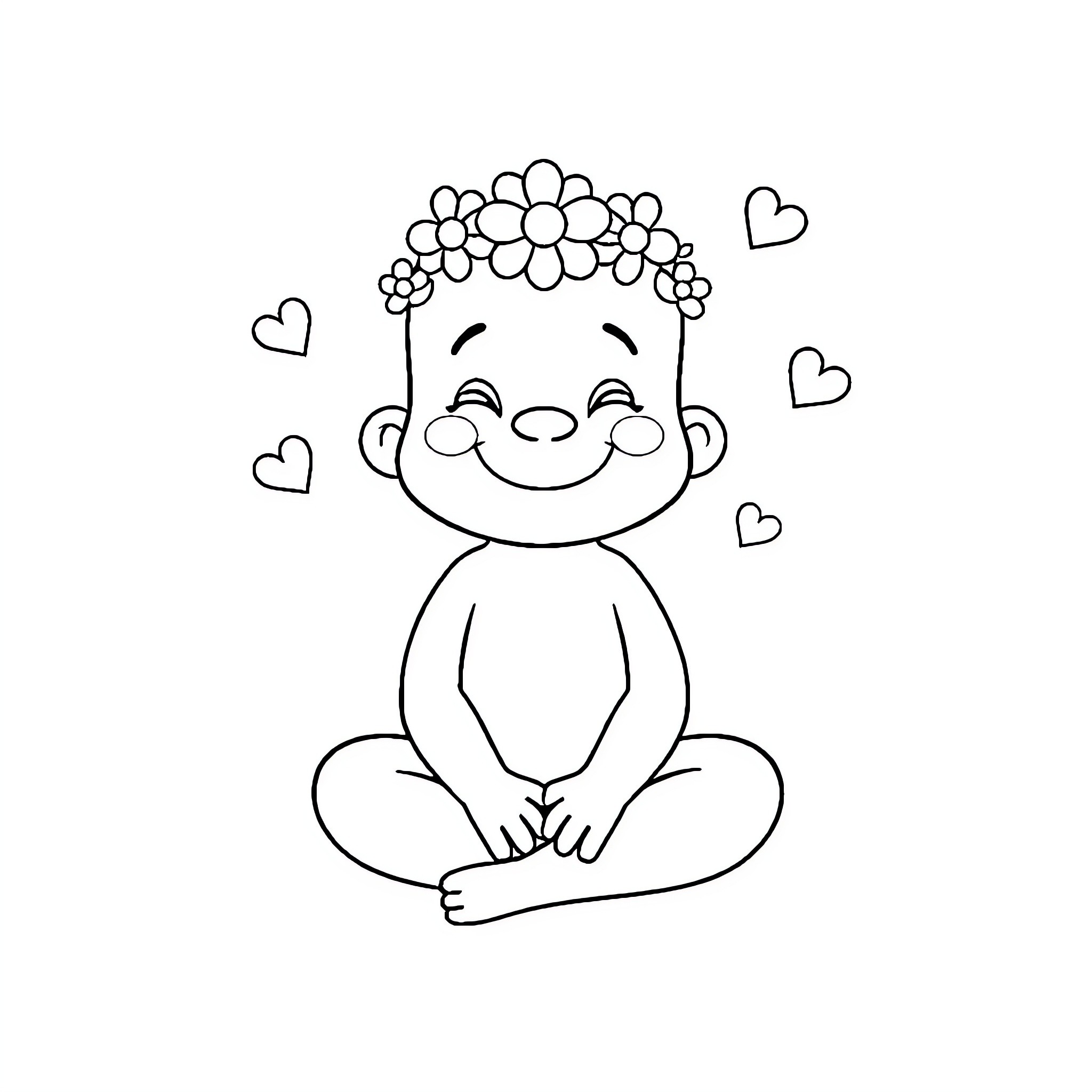Labubu with flower crown and hearts Coloring Page (free black-and-white line drawing printable PDF for all, from beginners to advanced learners, including children, teens, adults, and seniors)