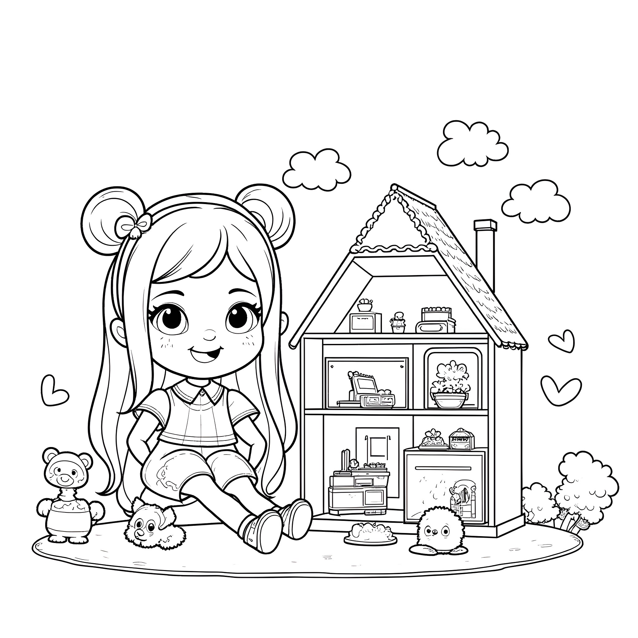 Bluey playing with toys in front of a dollhouse Coloring Page (free black-and-white line drawing printable PDF for all, from beginners to advanced learners, including children, teens, adults, and seniors)