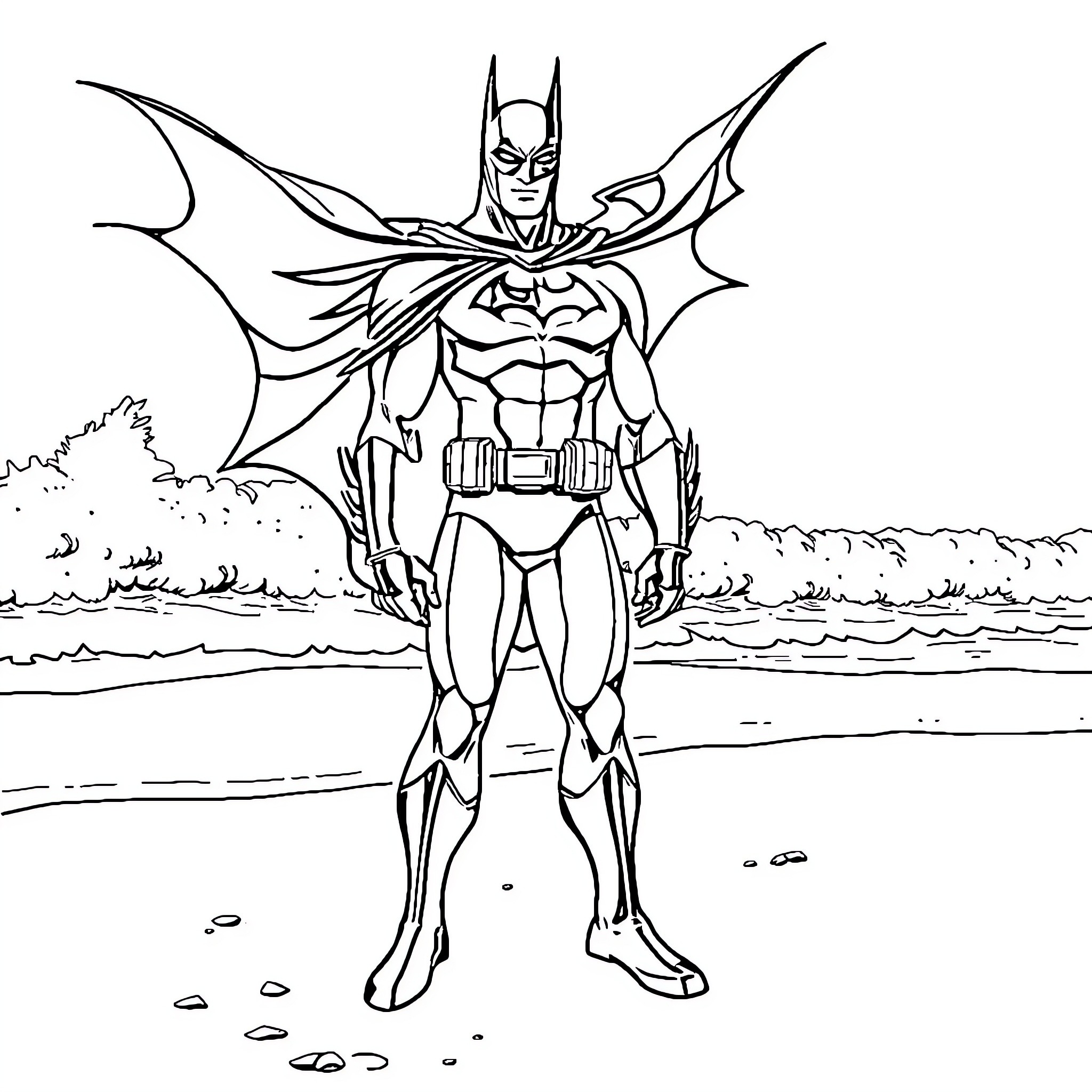 Batman standing heroically on the beach Coloring Page (free black-and-white line drawing printable PDF for all, from beginners to advanced learners, including children, teens, adults, and seniors)