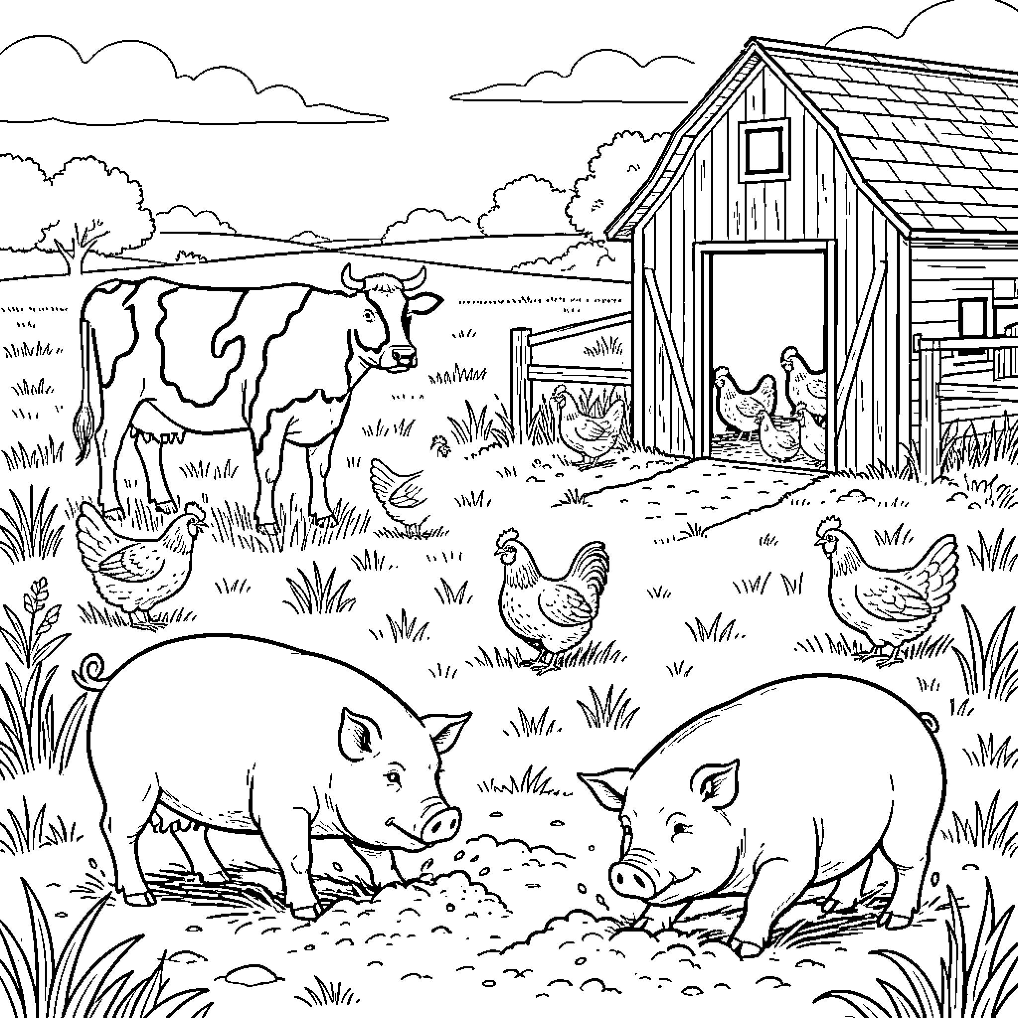 Farm Animal gathering in a grassy field near a barn Coloring Page (free black-and-white line drawing printable PDF for all, from beginners to advanced learners, including children, teens, adults, and seniors)