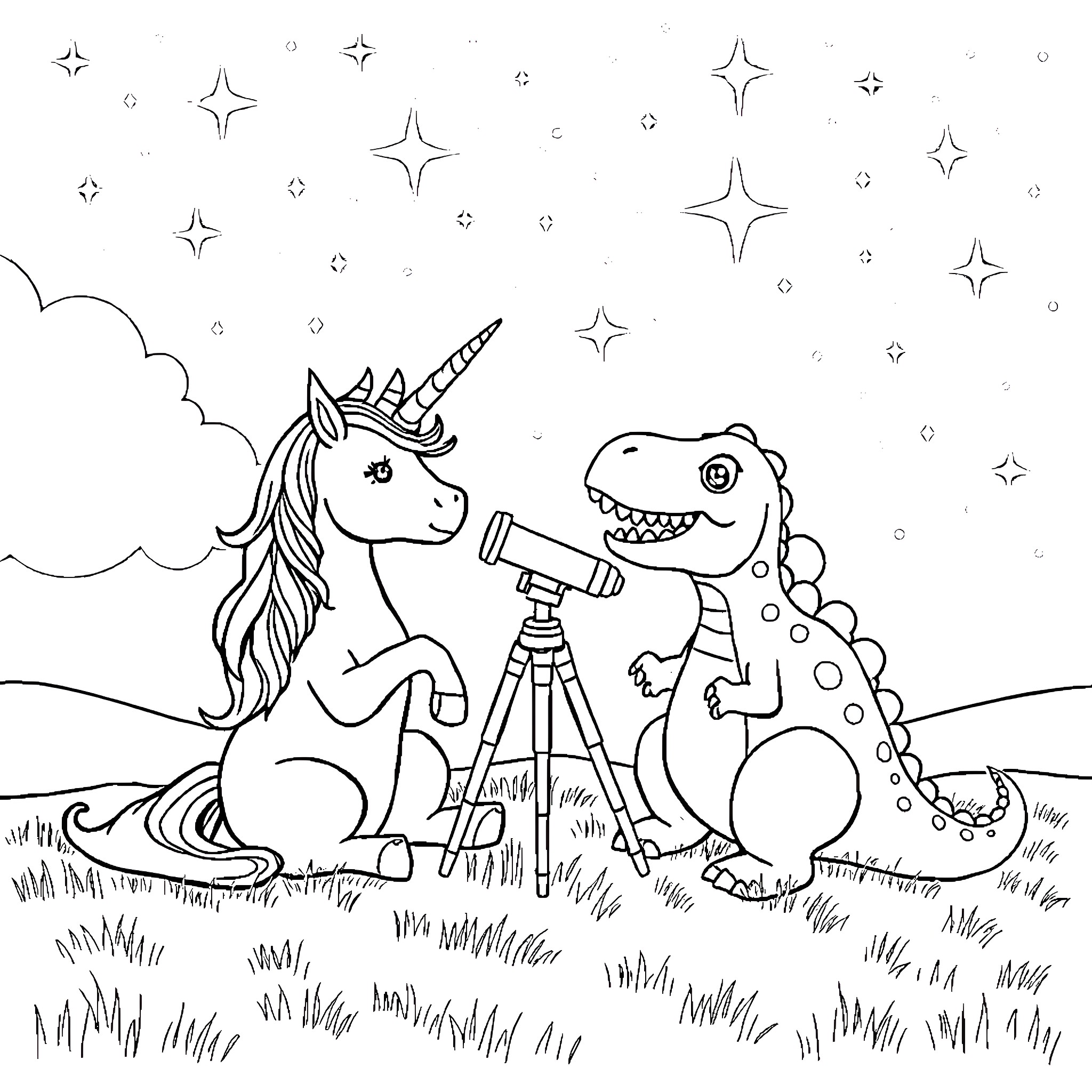Unicorn and dinosaur stargazing together Coloring Page (free black-and-white line drawing printable PDF for all, from beginners to advanced learners, including children, teens, adults, and seniors)