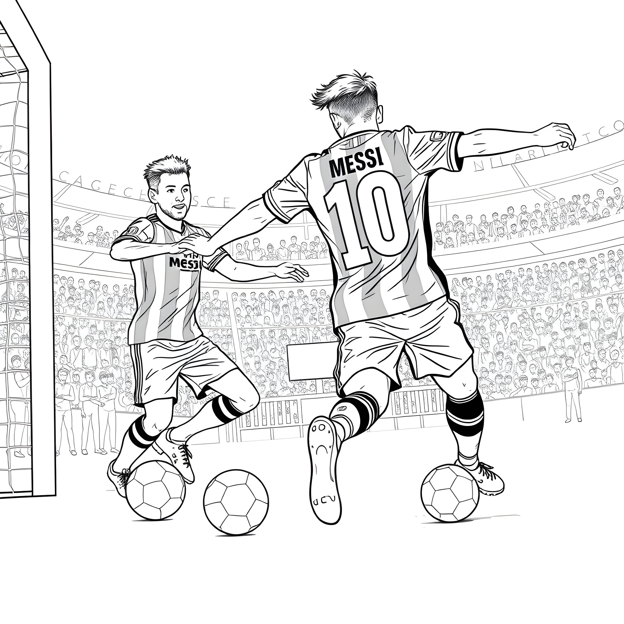Messi's Soccer Match in Stadium Coloring Page (free black-and-white line drawing printable PDF for all, from beginners to advanced learners, including children, teens, adults, and seniors)