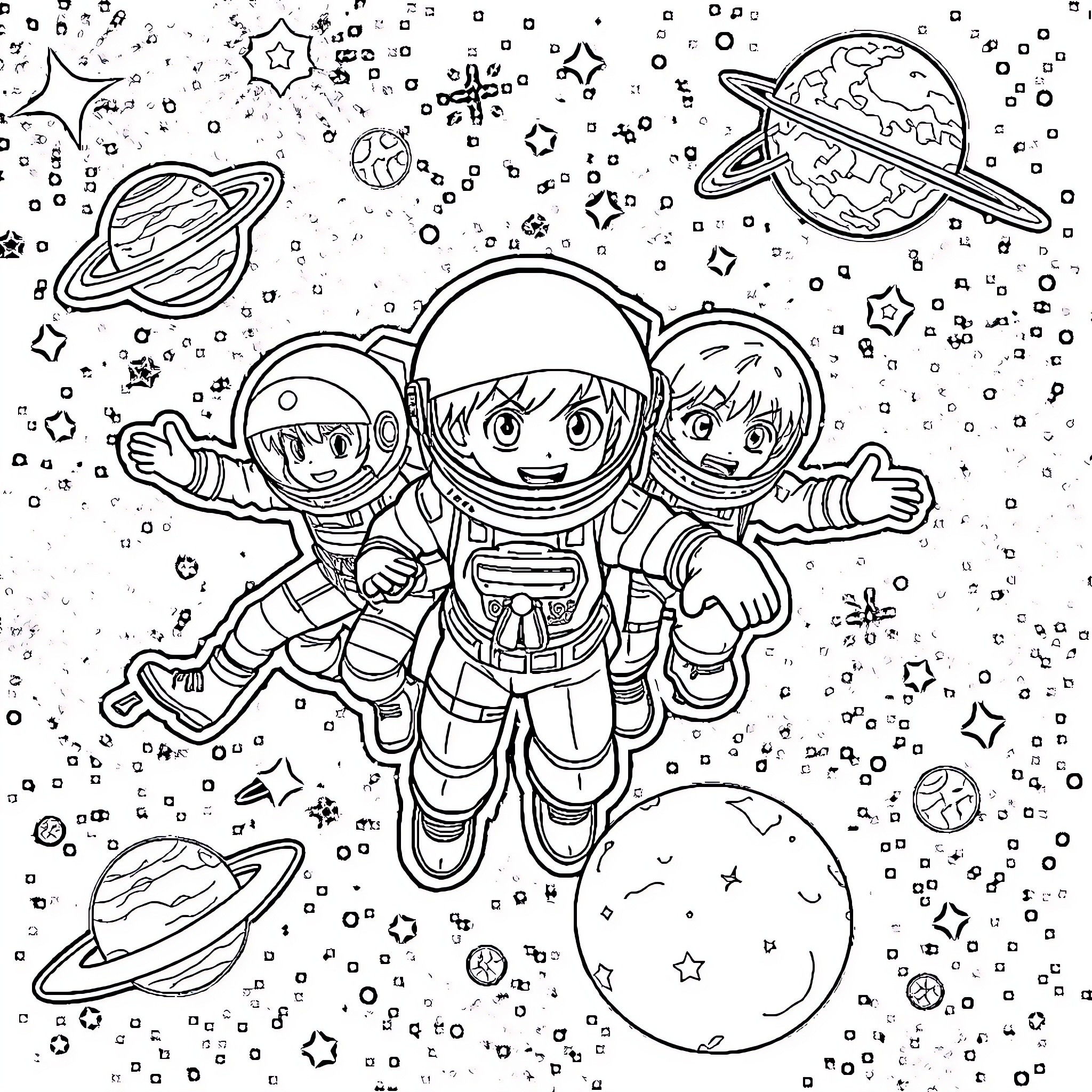 Hero Academia: Heroic Astronauts Exploring the Cosmos Coloring Page (free black-and-white line drawing printable PDF for all, from beginners to advanced learners, including children, teens, adults, and seniors)