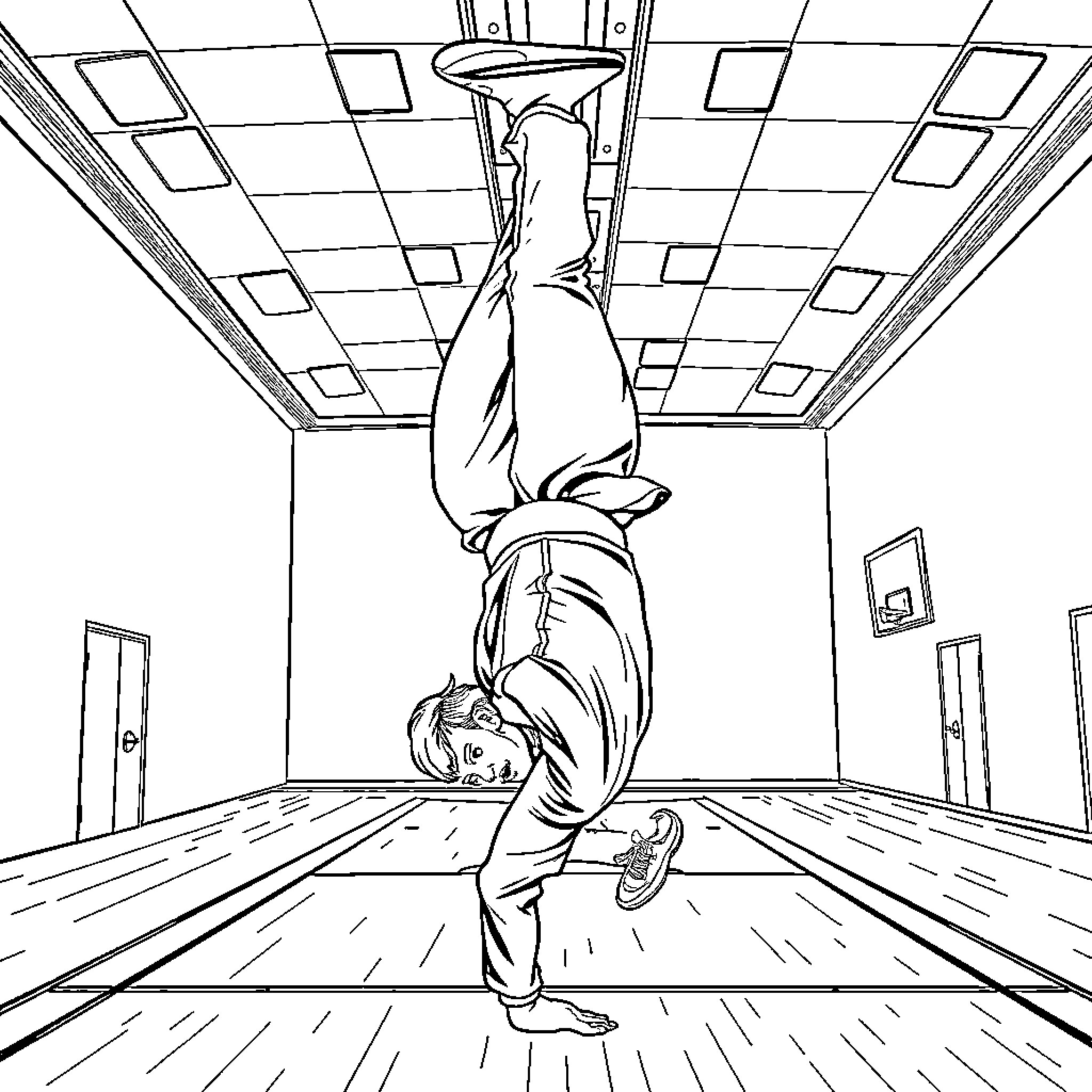 Trump performing acrobatic stunt in gymnasium Coloring Page (free black-and-white line drawing printable PDF for all, from beginners to advanced learners, including children, teens, adults, and seniors)