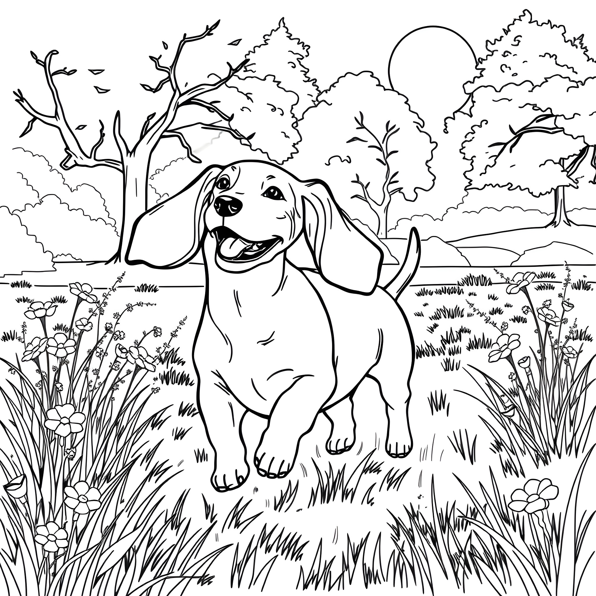 Dachshund enjoying the outdoors in a natural setting Coloring Page (free black-and-white line drawing printable PDF for all, from beginners to advanced learners, including children, teens, adults, and seniors)