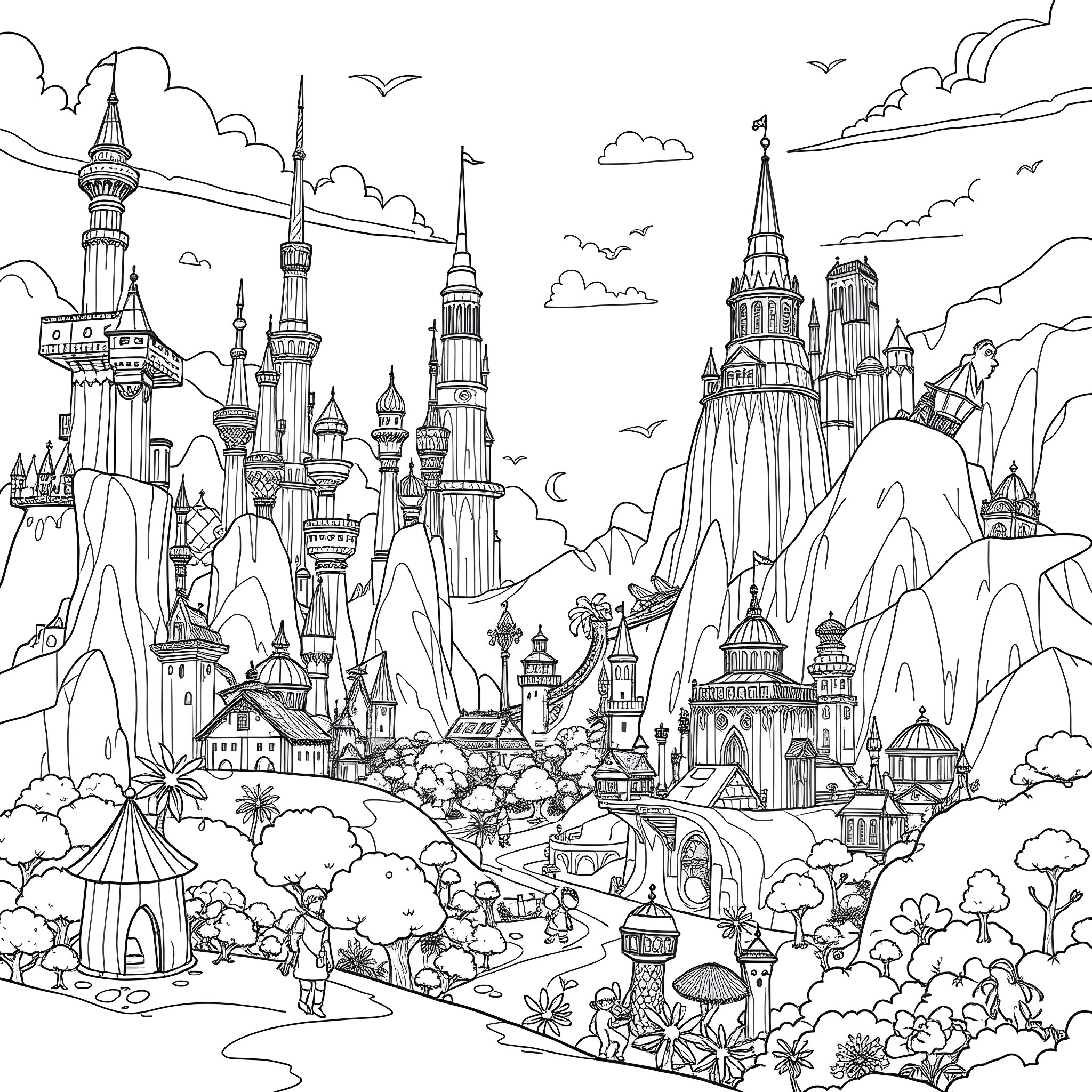 Roblox World: Fantastical Landscapes and Enchanting Architecture Coloring Page (free black-and-white line drawing printable PDF for all, from beginners to advanced learners, including children, teens, adults, and seniors)
