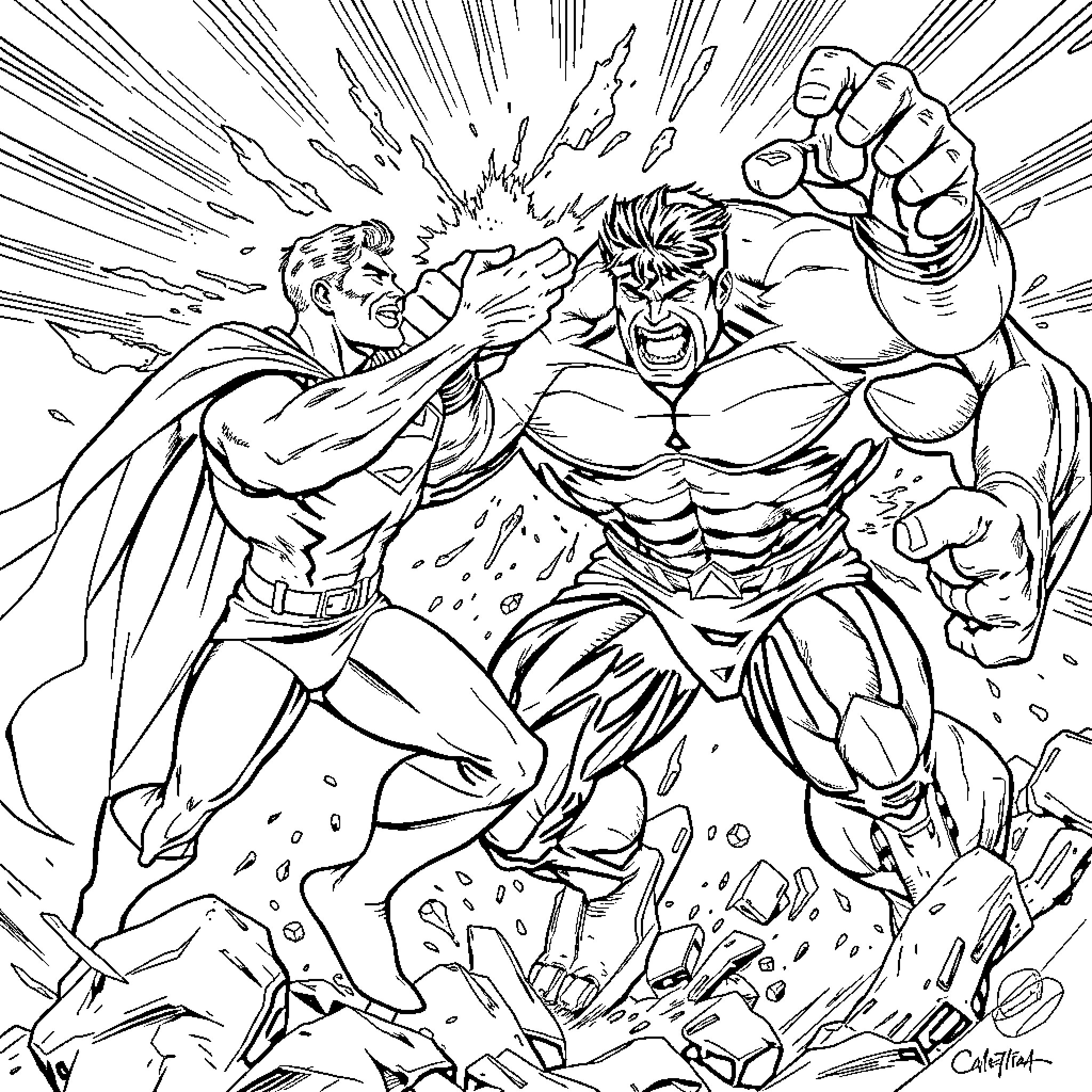 Superman's epic clash with a muscular superhero Coloring Page (free black-and-white line drawing printable PDF for all, from beginners to advanced learners, including children, teens, adults, and seniors)