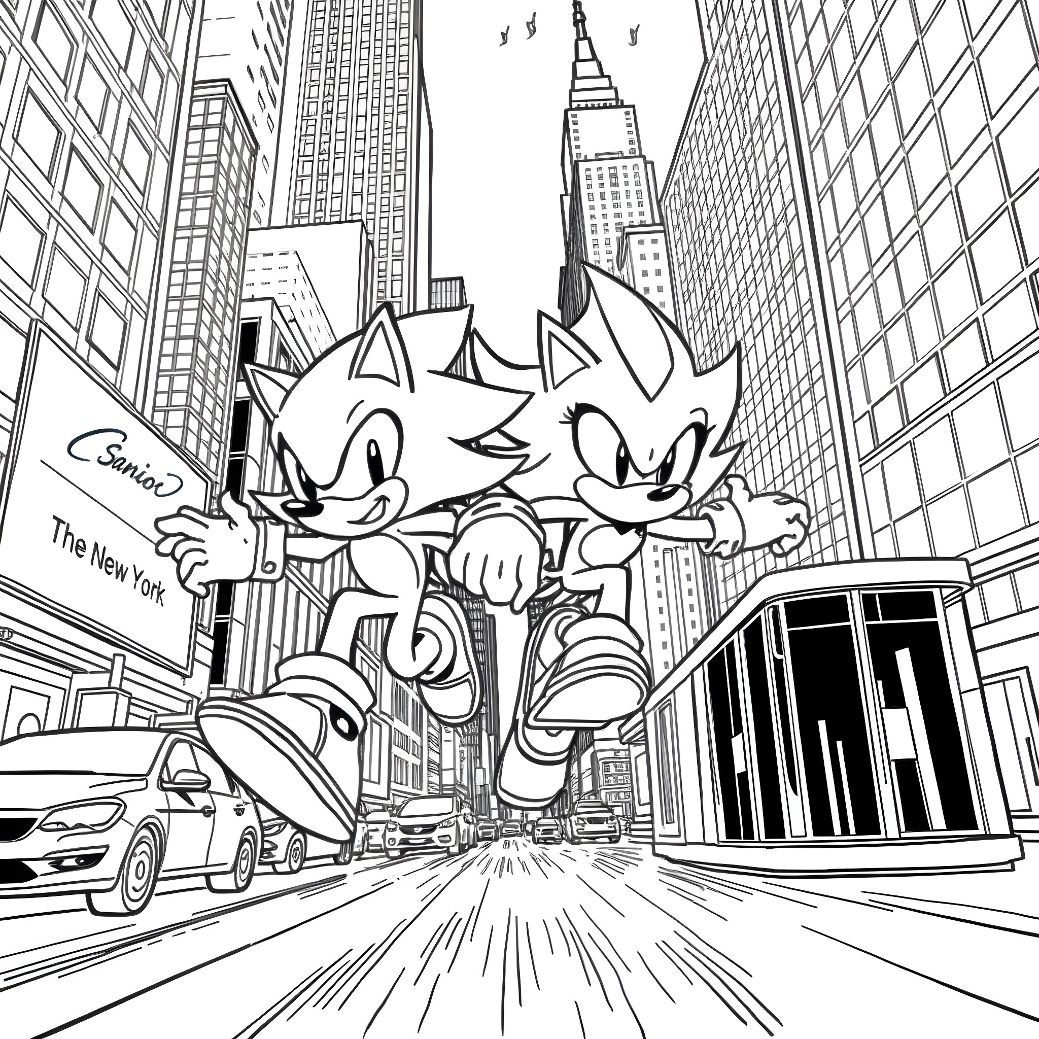 Sonic and Friends Explore the Bustling City Coloring Page (free black-and-white line drawing printable PDF for all, from beginners to advanced learners, including children, teens, adults, and seniors)