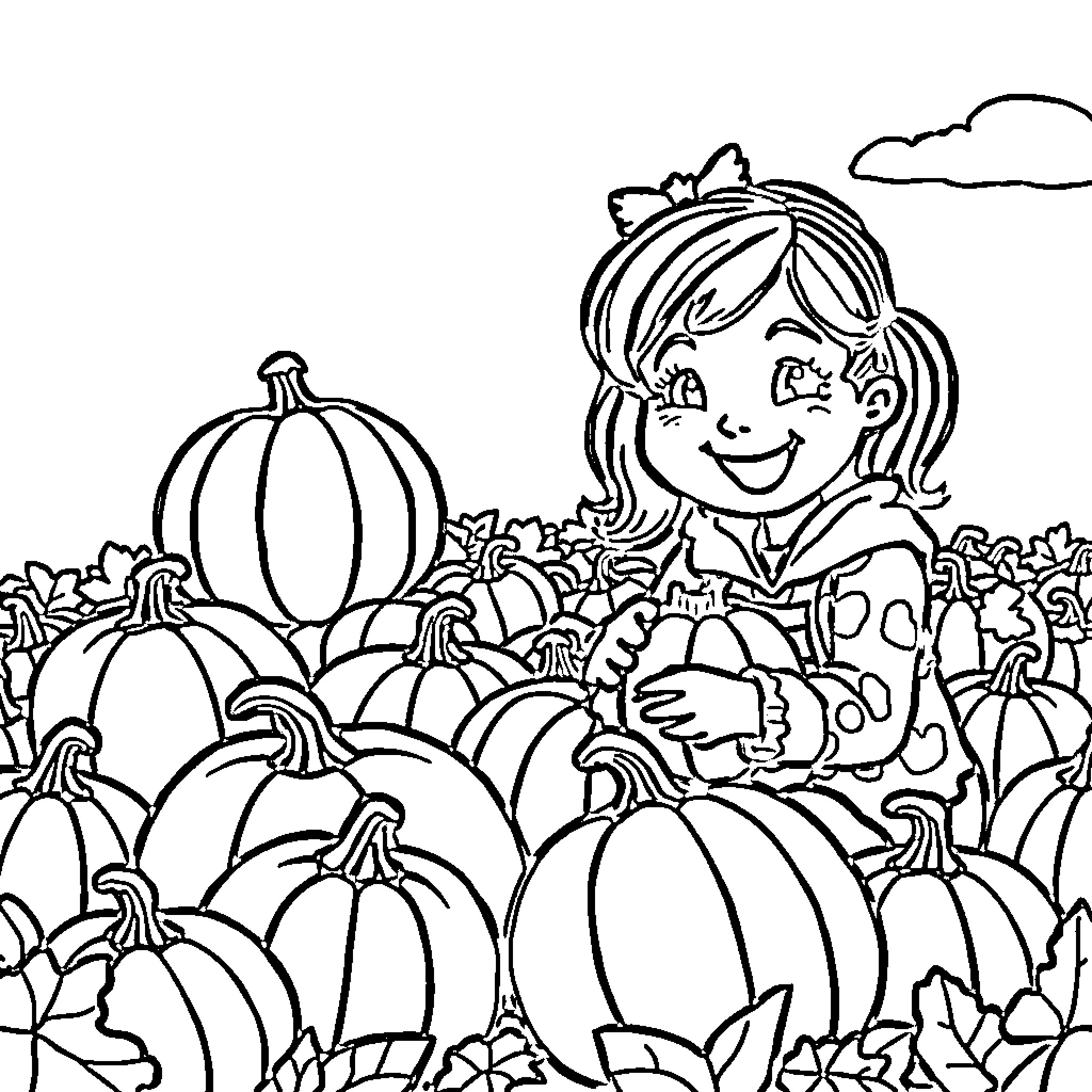 Pumpkin Patch with Smiling Girl Coloring Page (free black-and-white line drawing printable PDF for all, from beginners to advanced learners, including children, teens, adults, and seniors)