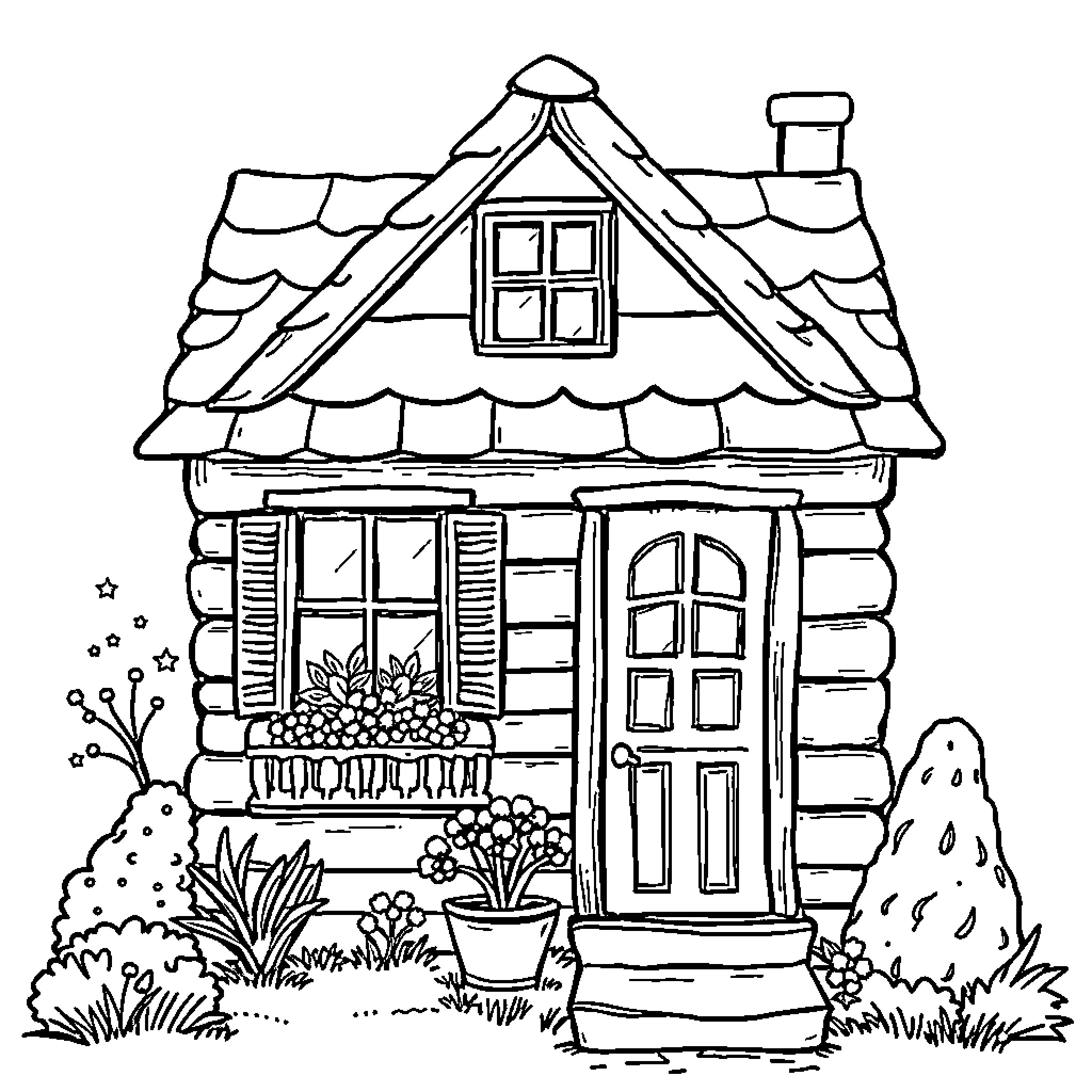 House with Quaint Cottage Design and Floral Landscape Coloring Page (free black-and-white line drawing printable PDF for all, from beginners to advanced learners, including children, teens, adults, and seniors)