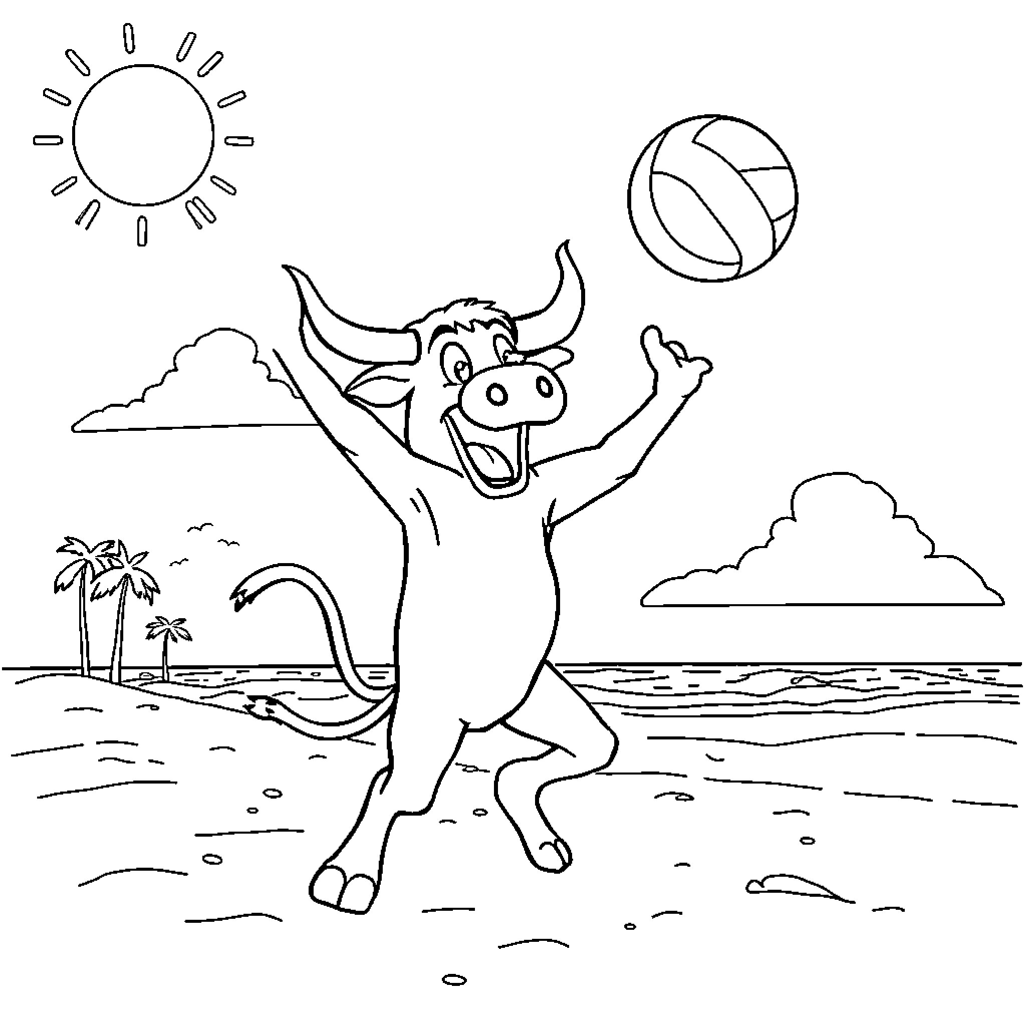 Longhorn playing volleyball on the beach Coloring Page (free black-and-white line drawing printable PDF for all, from beginners to advanced learners, including children, teens, adults, and seniors)