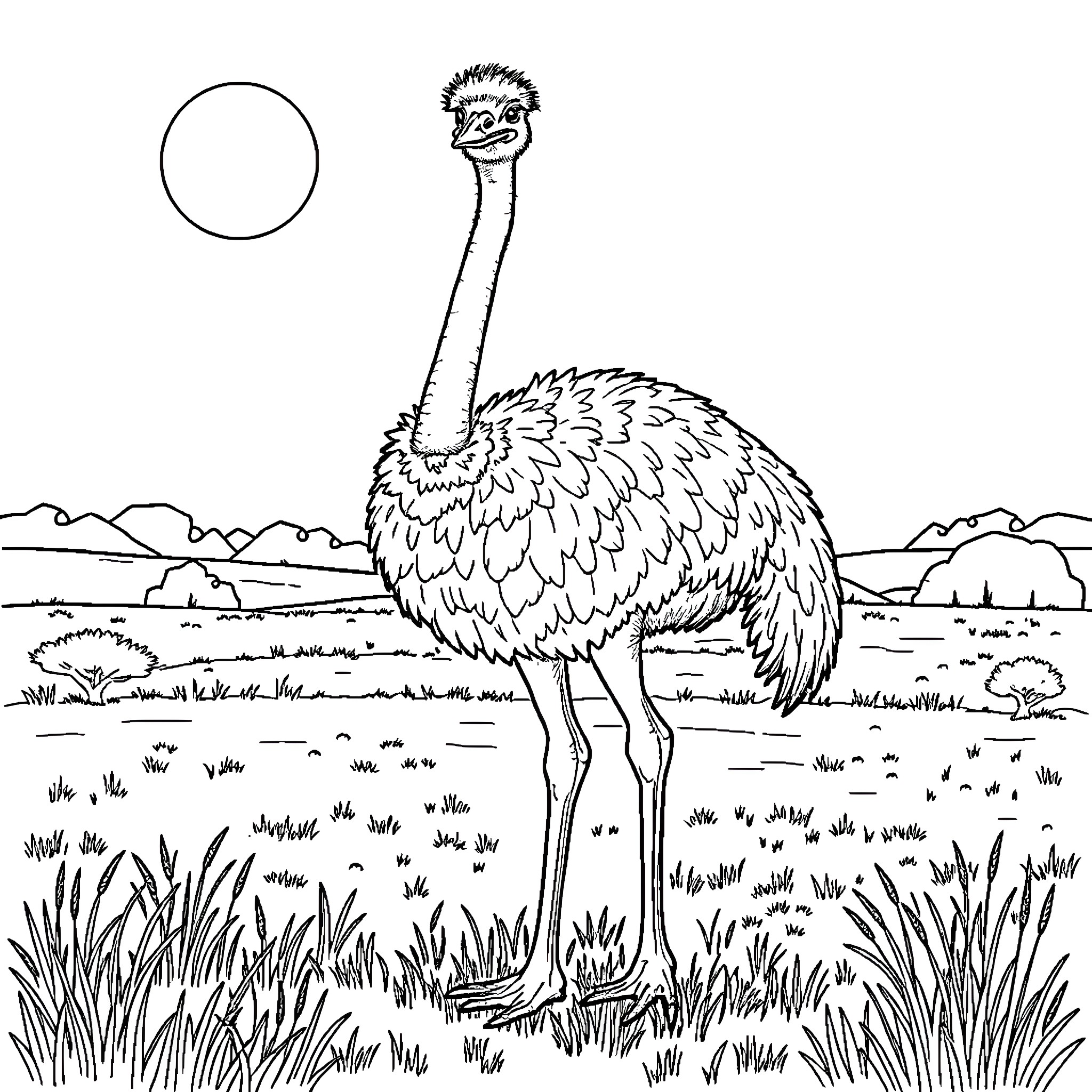 Ostrich standing tall in the savanna landscape Coloring Page (free black-and-white line drawing printable PDF for all, from beginners to advanced learners, including children, teens, adults, and seniors)