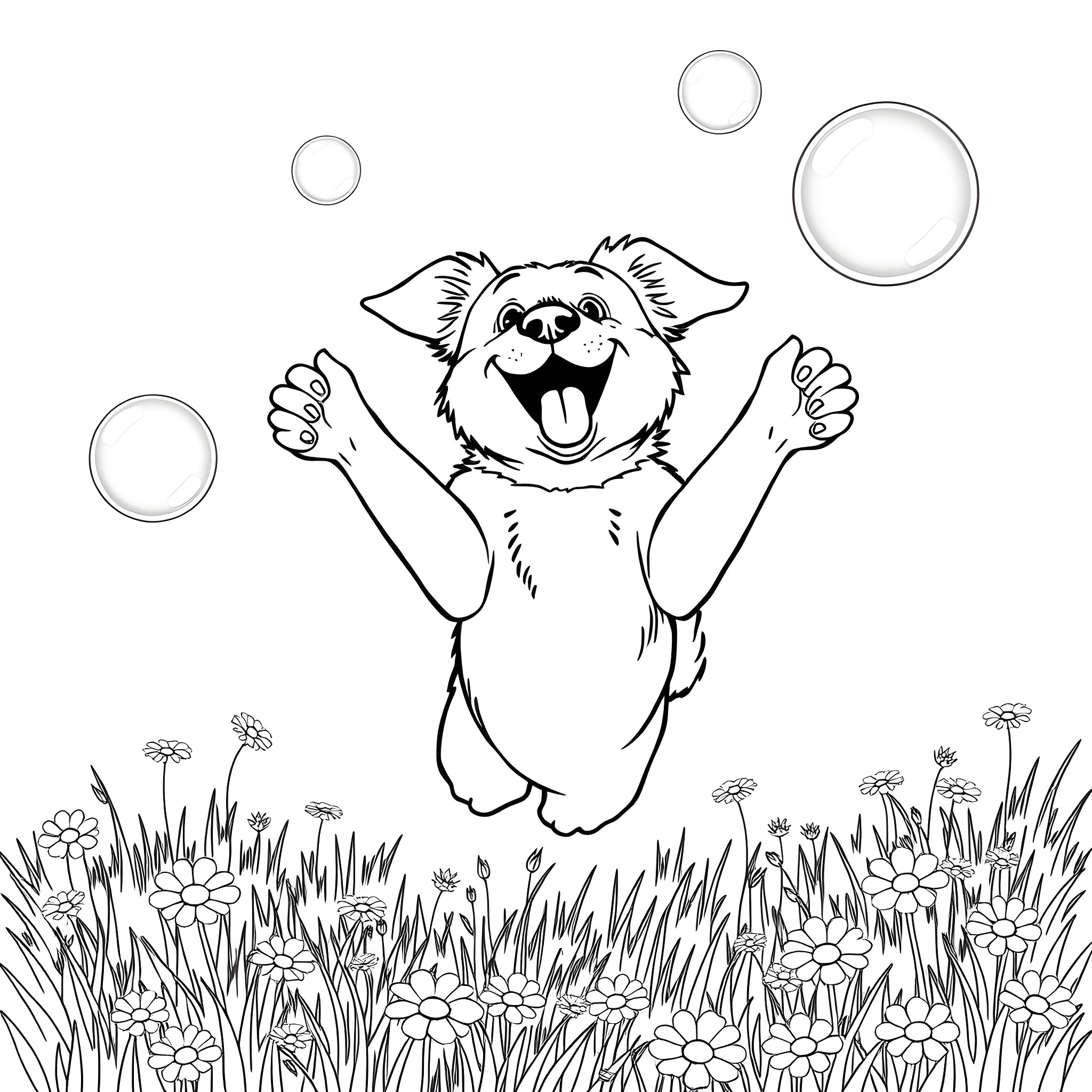 Dog playing happily with bubbles in the meadow Coloring Page (free black-and-white line drawing printable PDF for all, from beginners to advanced learners, including children, teens, adults, and seniors)