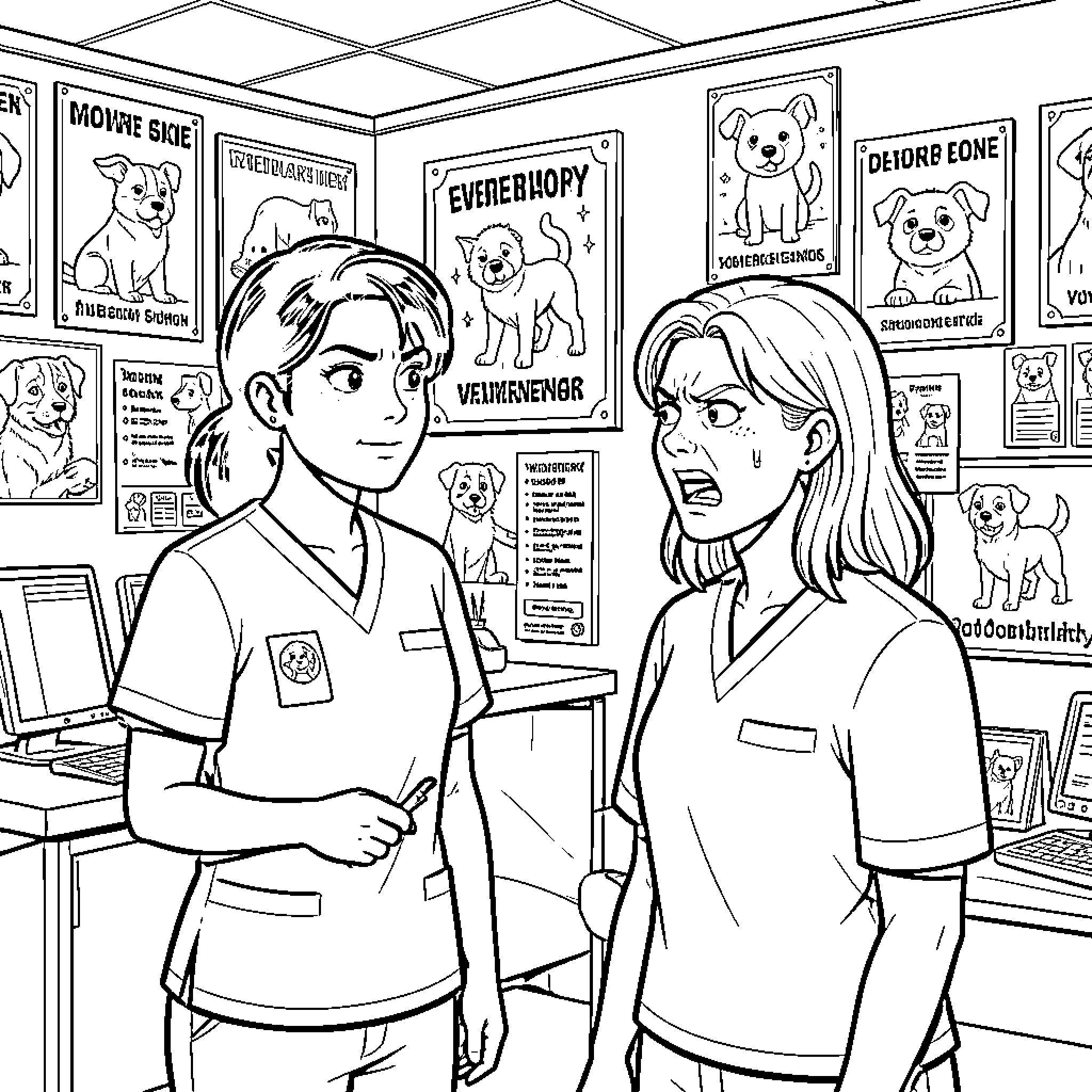Veterinary Technician Discussing Procedures with Pet Owner Coloring Page (free black-and-white line drawing printable PDF for all, from beginners to advanced learners, including children, teens, adults, and seniors)