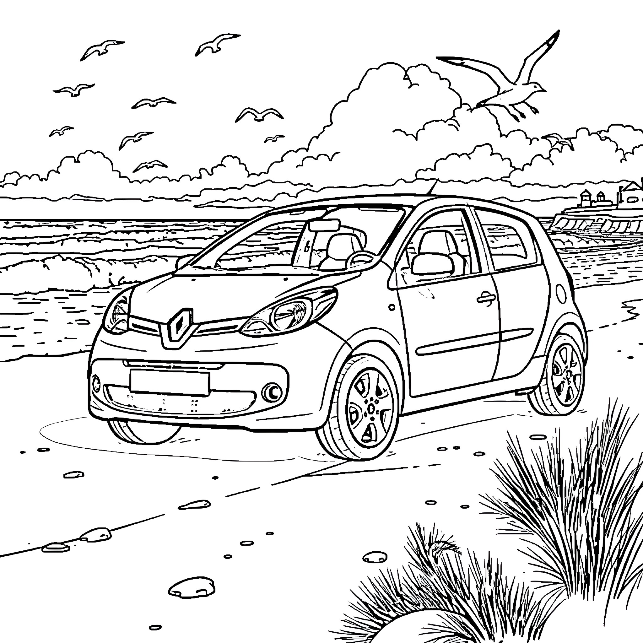 Renault Twingo in a scenic coastal landscape Coloring Page (free black-and-white line drawing printable PDF for all, from beginners to advanced learners, including children, teens, adults, and seniors)